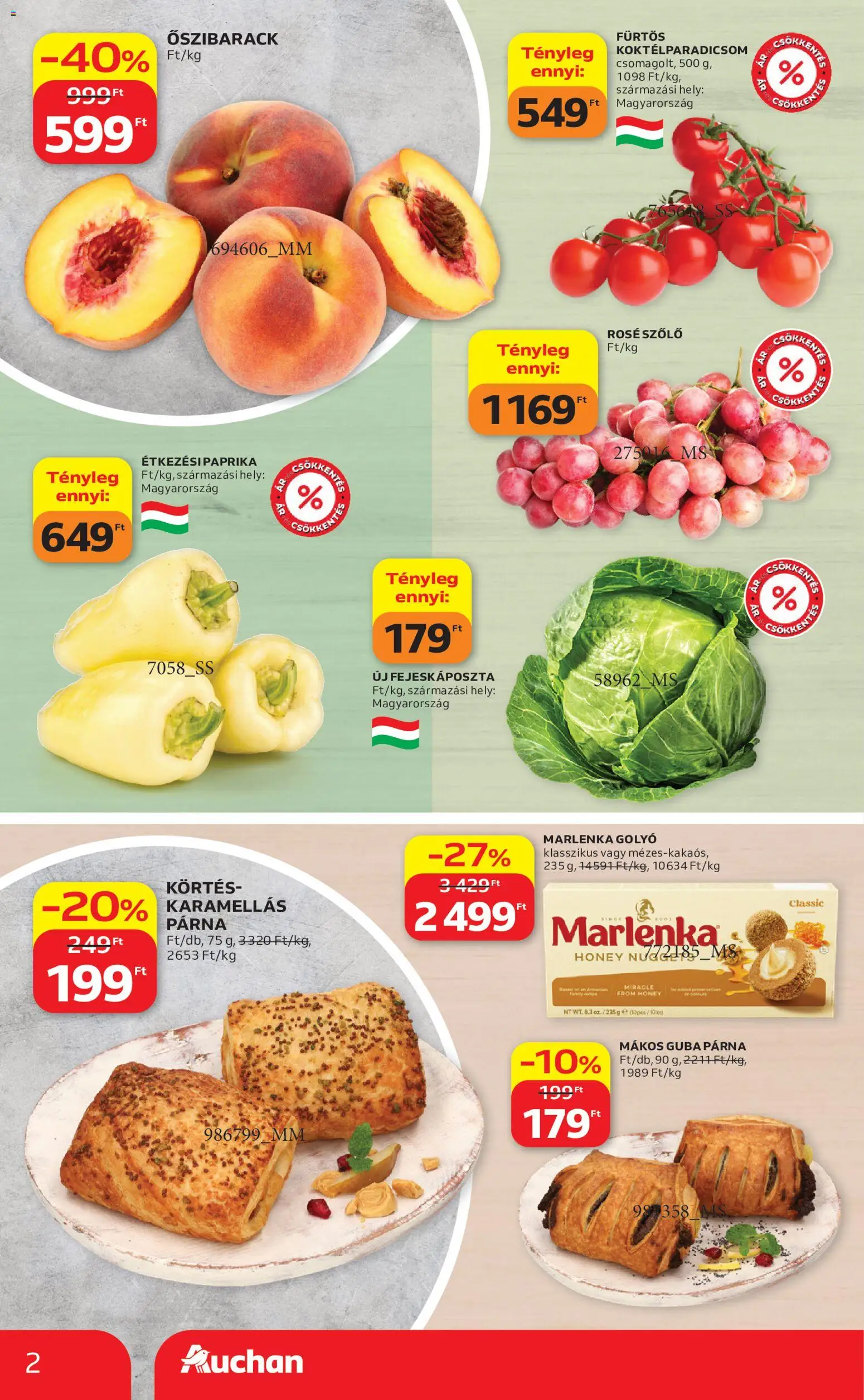 Auchan akciós ujság - amely érvényes a következő dátumtól: 2026.08.06. | Oldal: 2 | Termékek: Szőlő, Párna, Nuggets, Koktélparadicsom