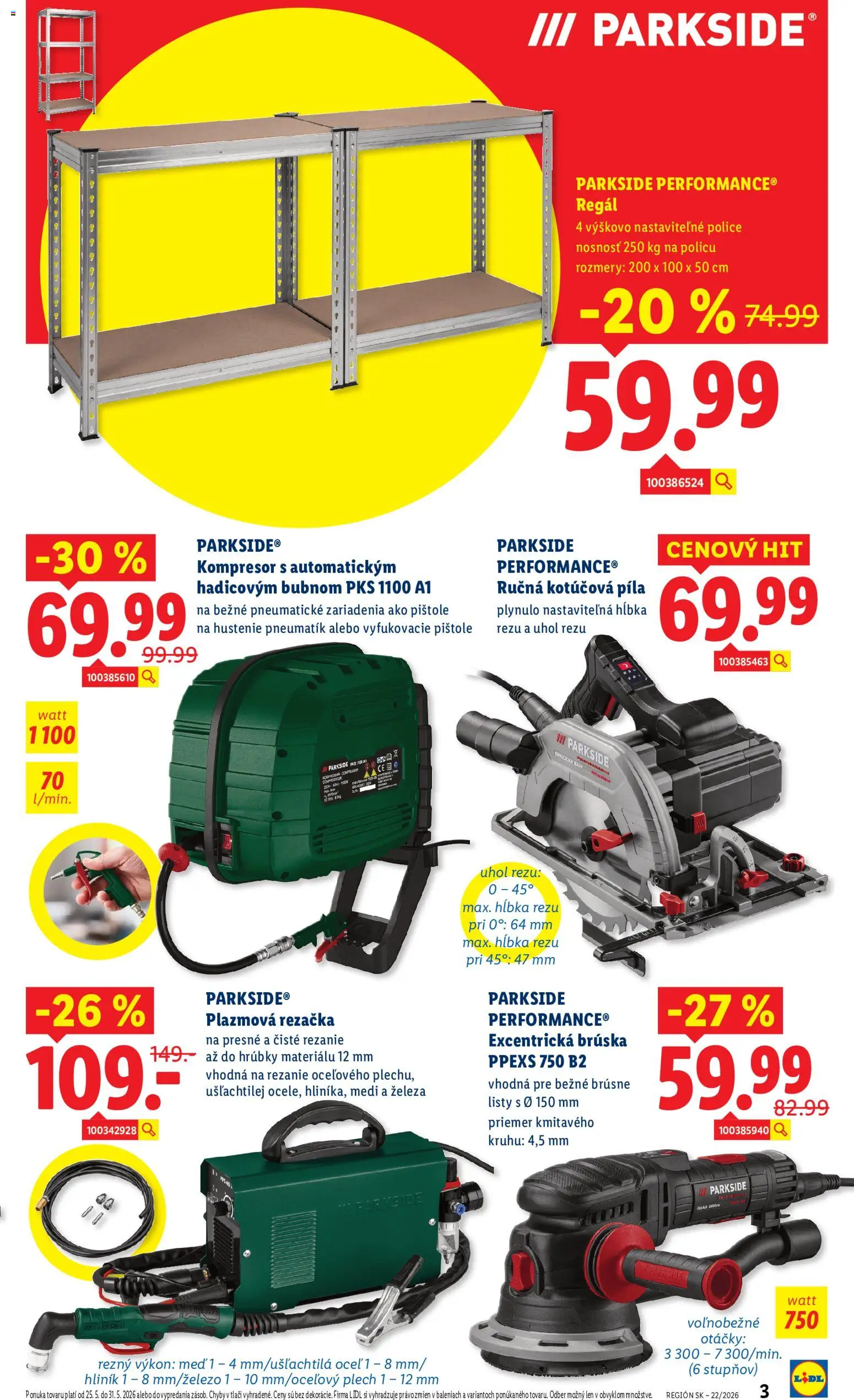 Nové Lidl akcie – leták je platný od 25.05.2026 | Strana: 3 | Produkty: Regál, Kompresor, Píla, Police