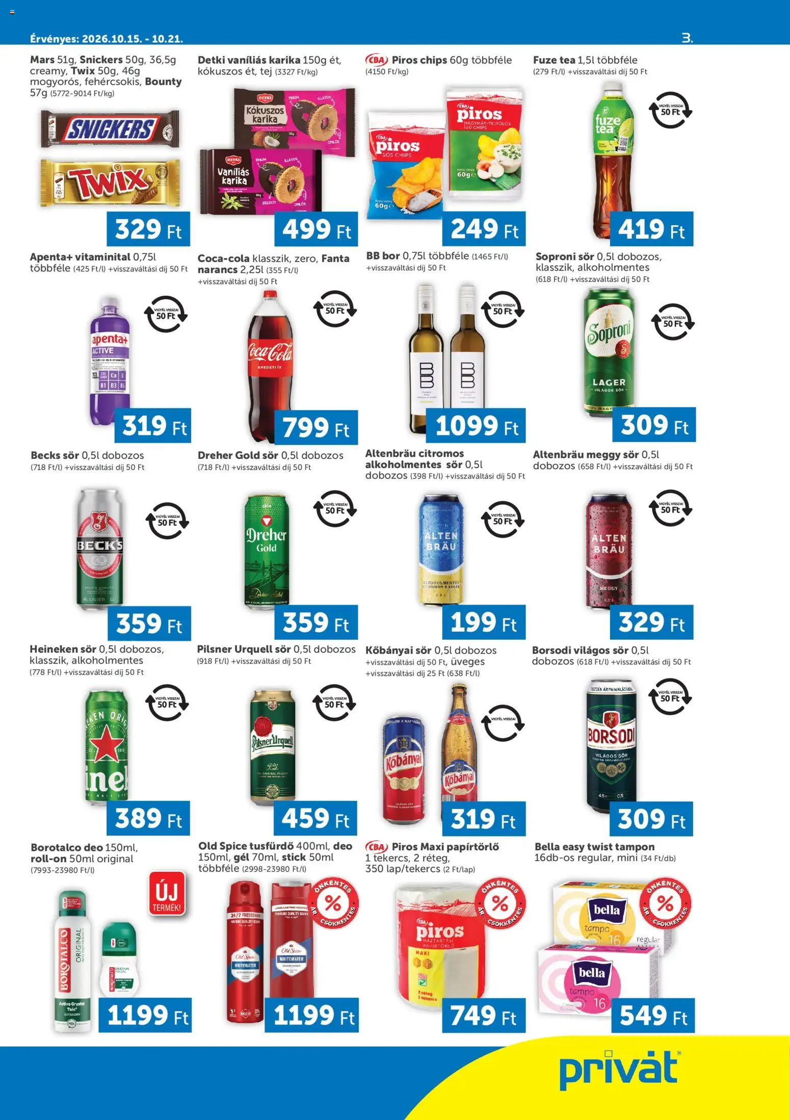 PRIVÁT akciós ujság - amely érvényes a következő dátumtól: 2026.10.15. | Oldal: 3 | Termékek: Dreher, Chips, Soproni, Pilsner Urquell sör