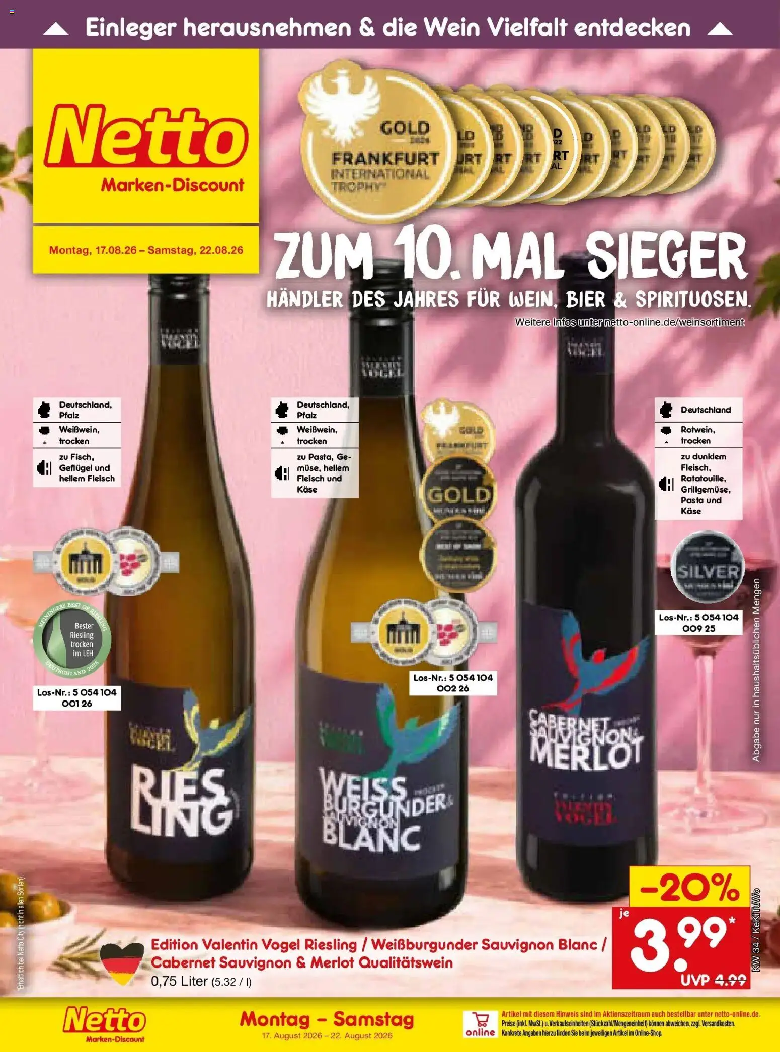 Netto Marken-Discount Prospekt Mannheim – gültig ab 17.08.2026 | Seite: 44 | Produkte: Merlot, Pasta, Wein, Fleisch
