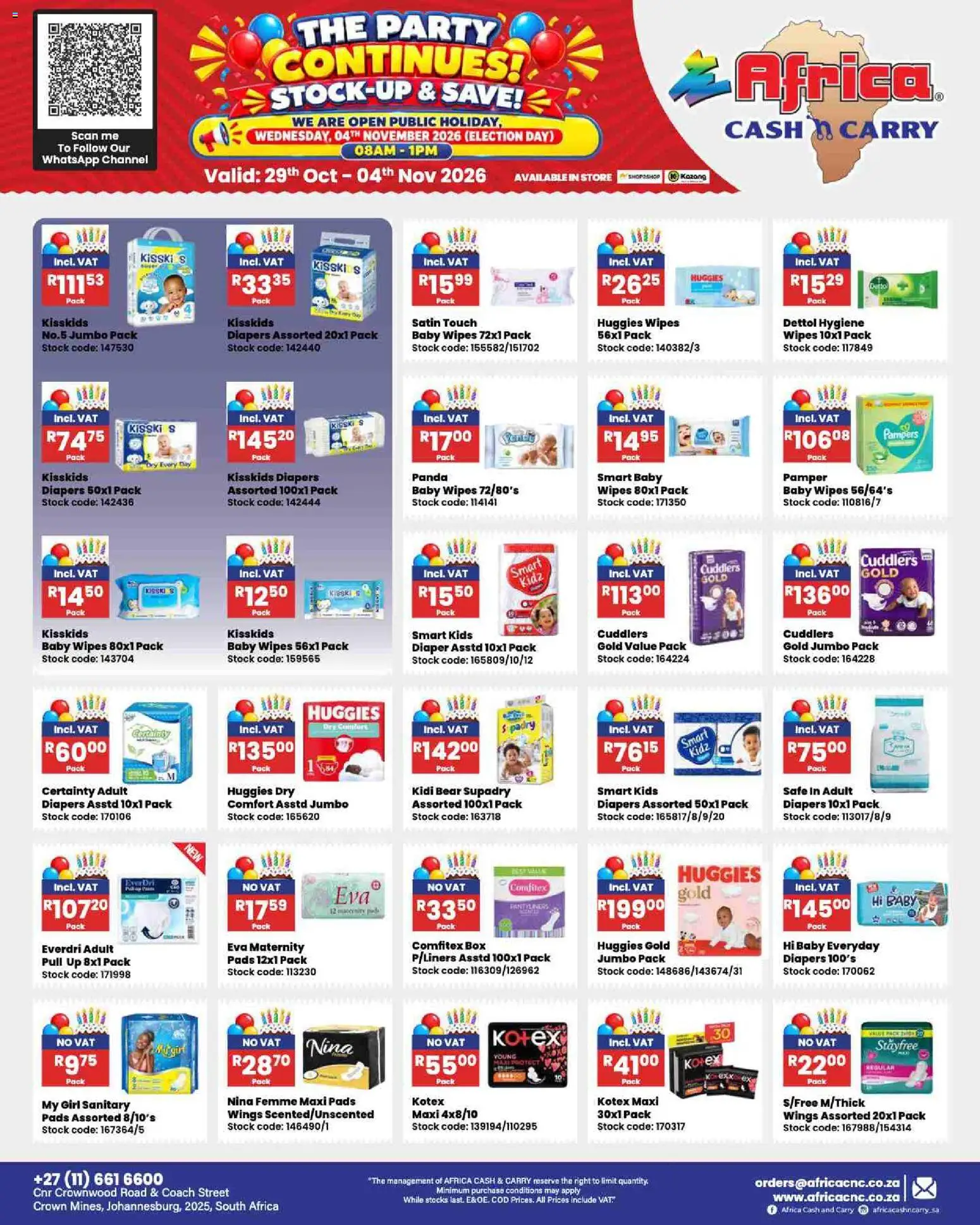 New Africa Cash & Carry catalogue – valid from 29/10/2026 | Page: 13 | Products: Diapers, Box, Pads, Stock