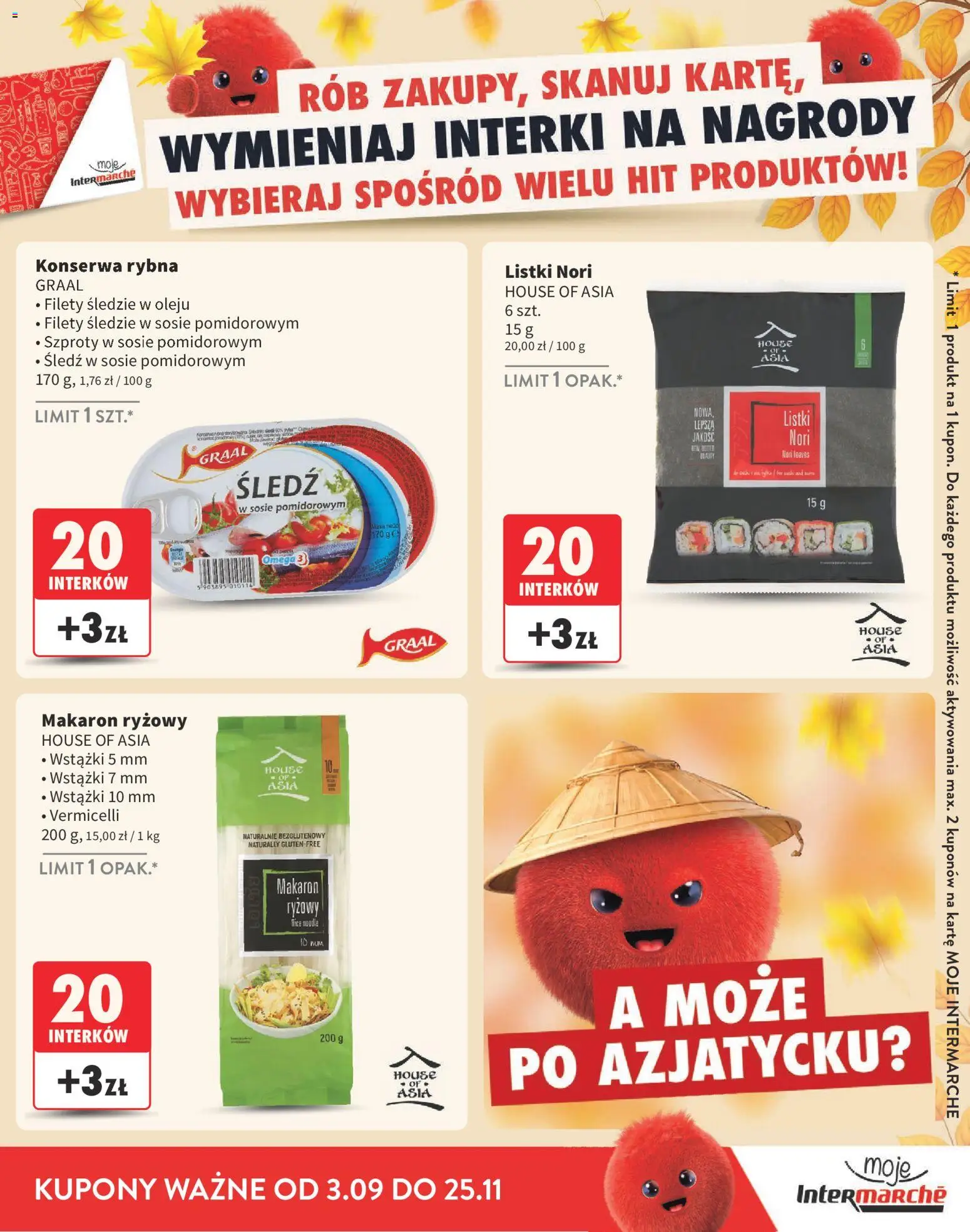 Intermarche gazetka - Interki od 03.09.2026 | Strona: 9 | Produkty: Śledzie w oleju, Makaron ryżowy, Omega 3, Makaron