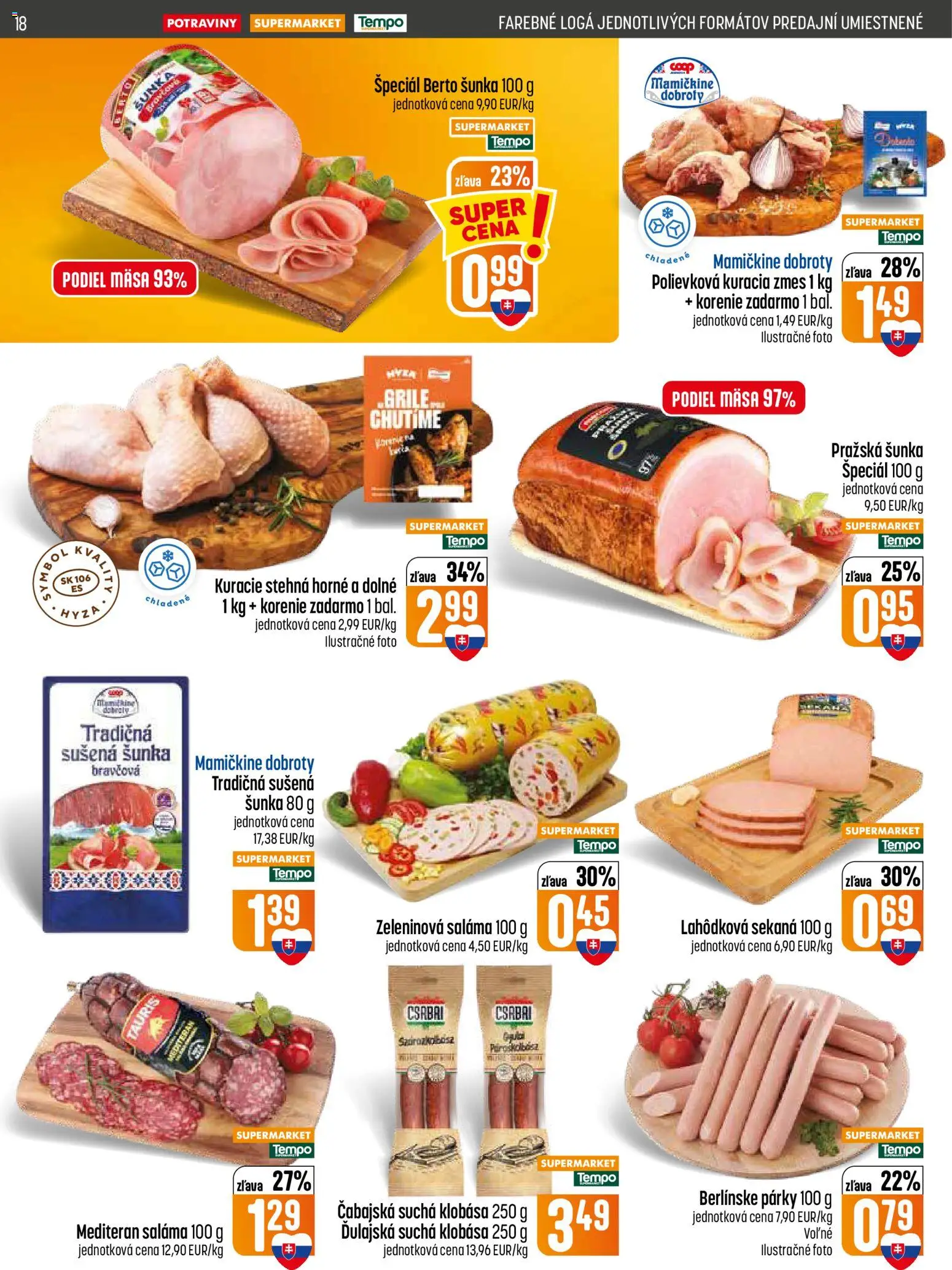 Nové COOP Jednota akcie – leták je platný od 20.08.2026 | Strana: 18 | Produkty: Šunka, Klobása, Kuracie stehná, Kuracia zmes