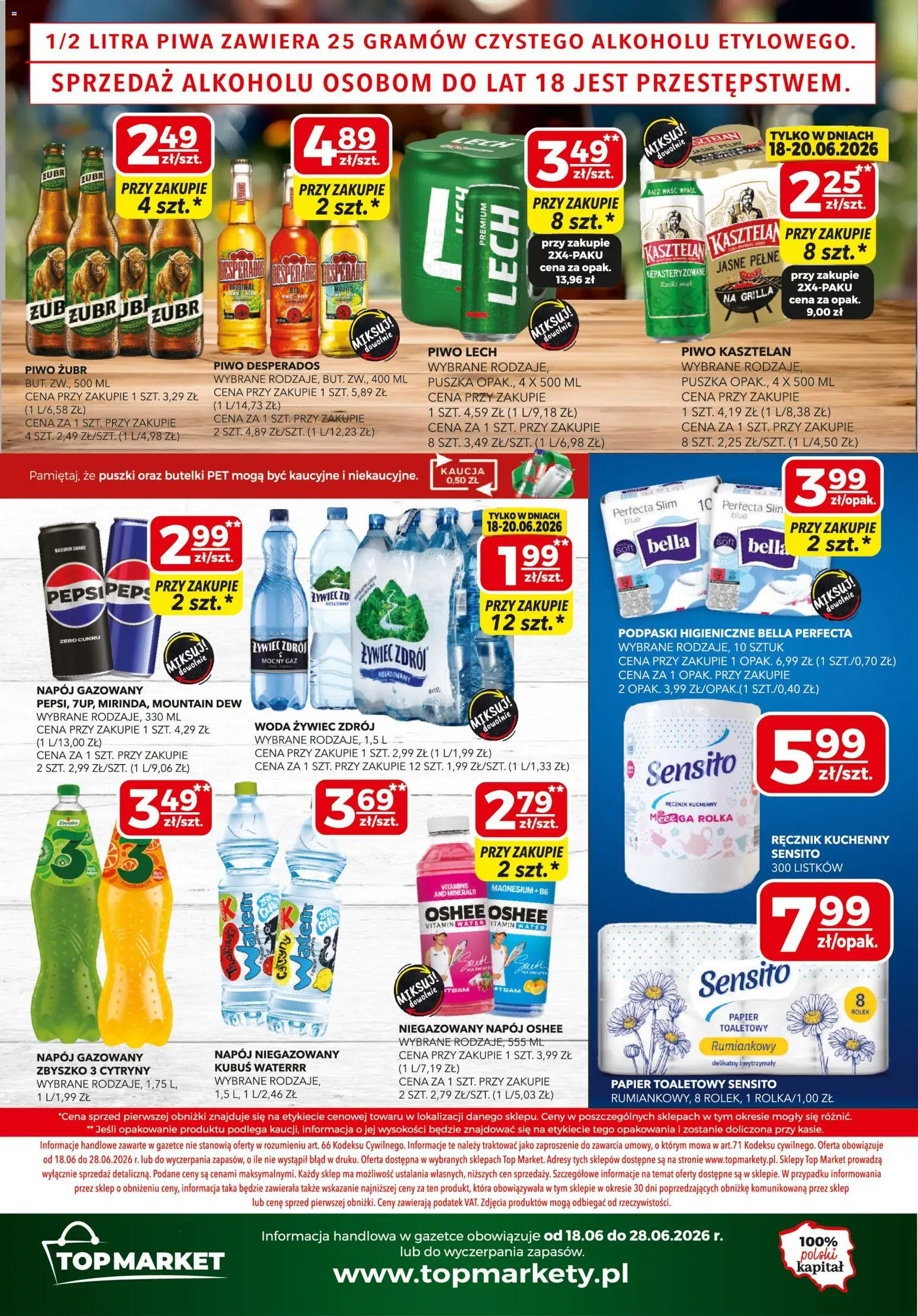 Top Market gazetka mini od 18.06.2026 | Strona: 4 | Produkty: Woda żywiec, Papier toaletowy, Podpaski, Piwo