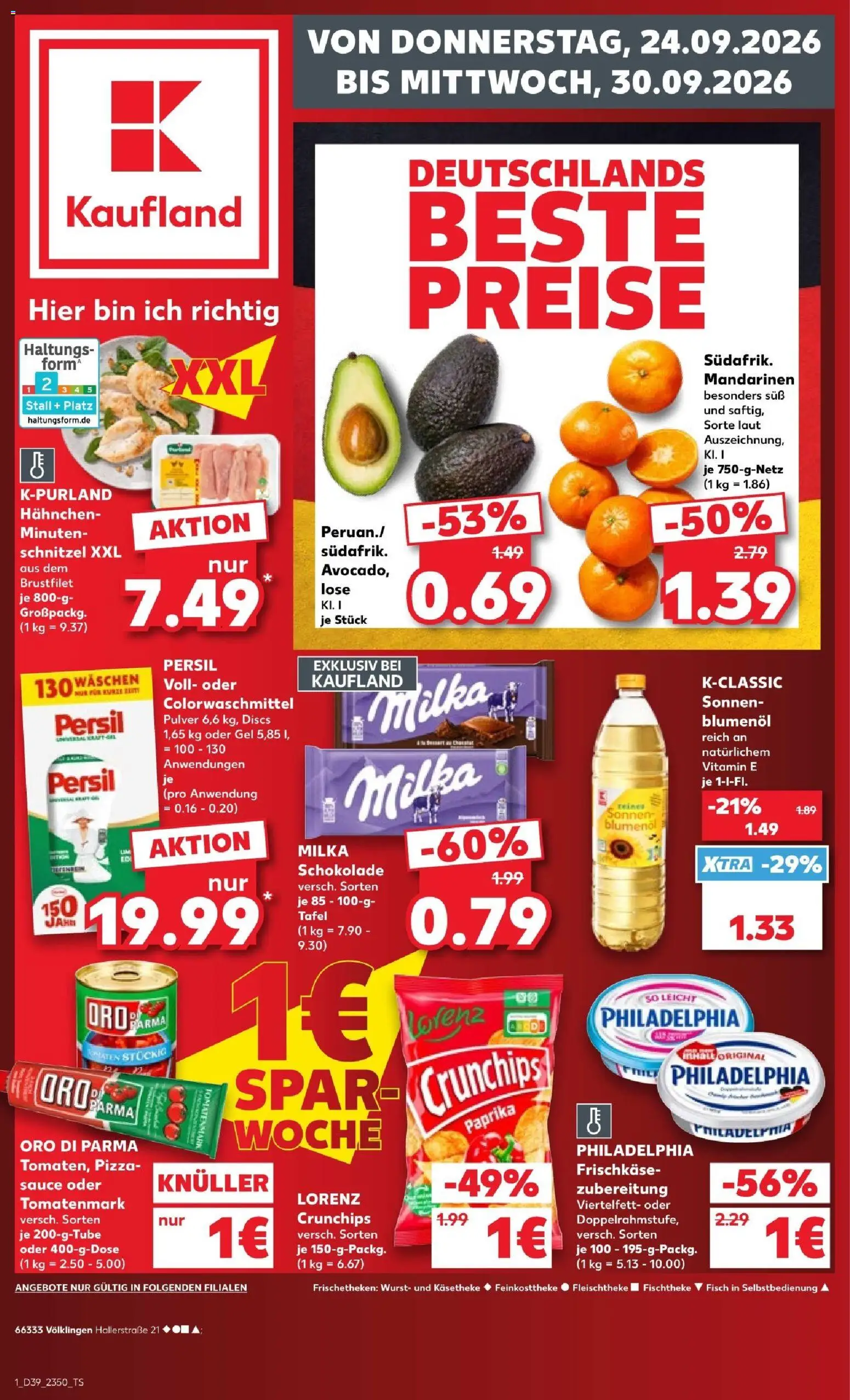 Kaufland Prospekt Völklingen – gültig ab 24.09.2026 | Seite: 1 | Produkte: Hahnchen, Schnitzel, Milka, Fisch