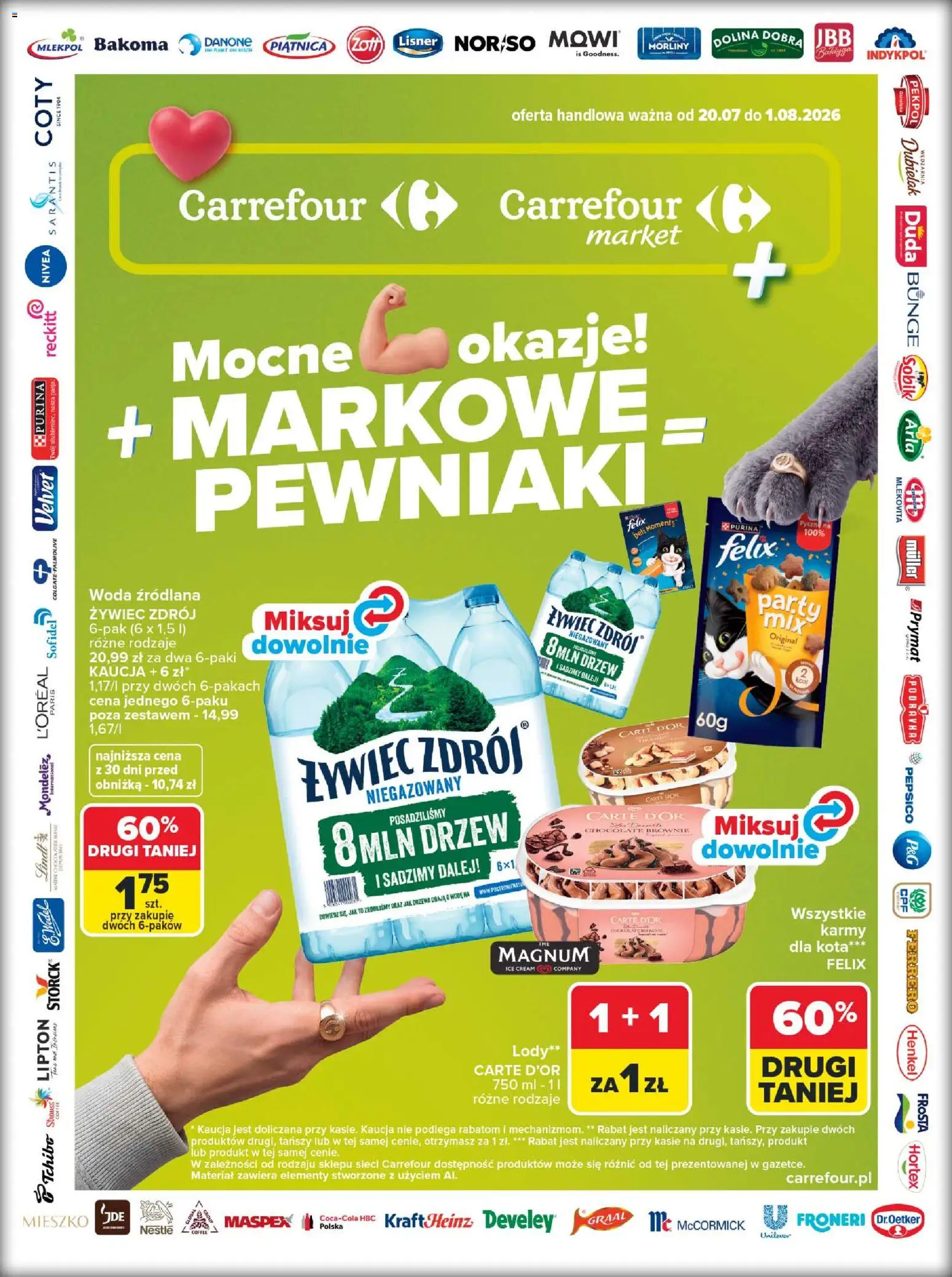 Carrefour gazetka - Markowe pewniaki od 20.07.2026 | Strona: 1 | Produkty: Woda źródlana, Brownie, Lody, Woda