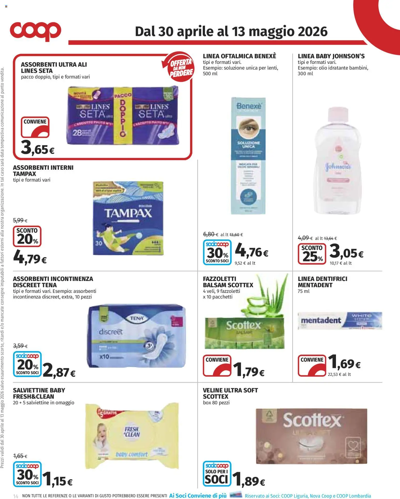 Volantino COOP del 30.04.2026 | Pagina: 14 | Prodotti: Veline, Fazzoletti, Olio, Data