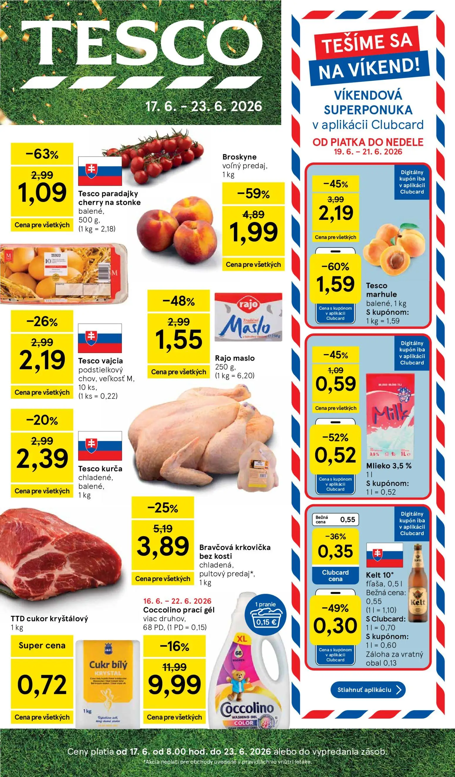 Nové Tesco akcie – leták je platný od 17.06.2026 | Strana: 1 | Produkty: Kelt, Krkovička, Coccolino, Marhule