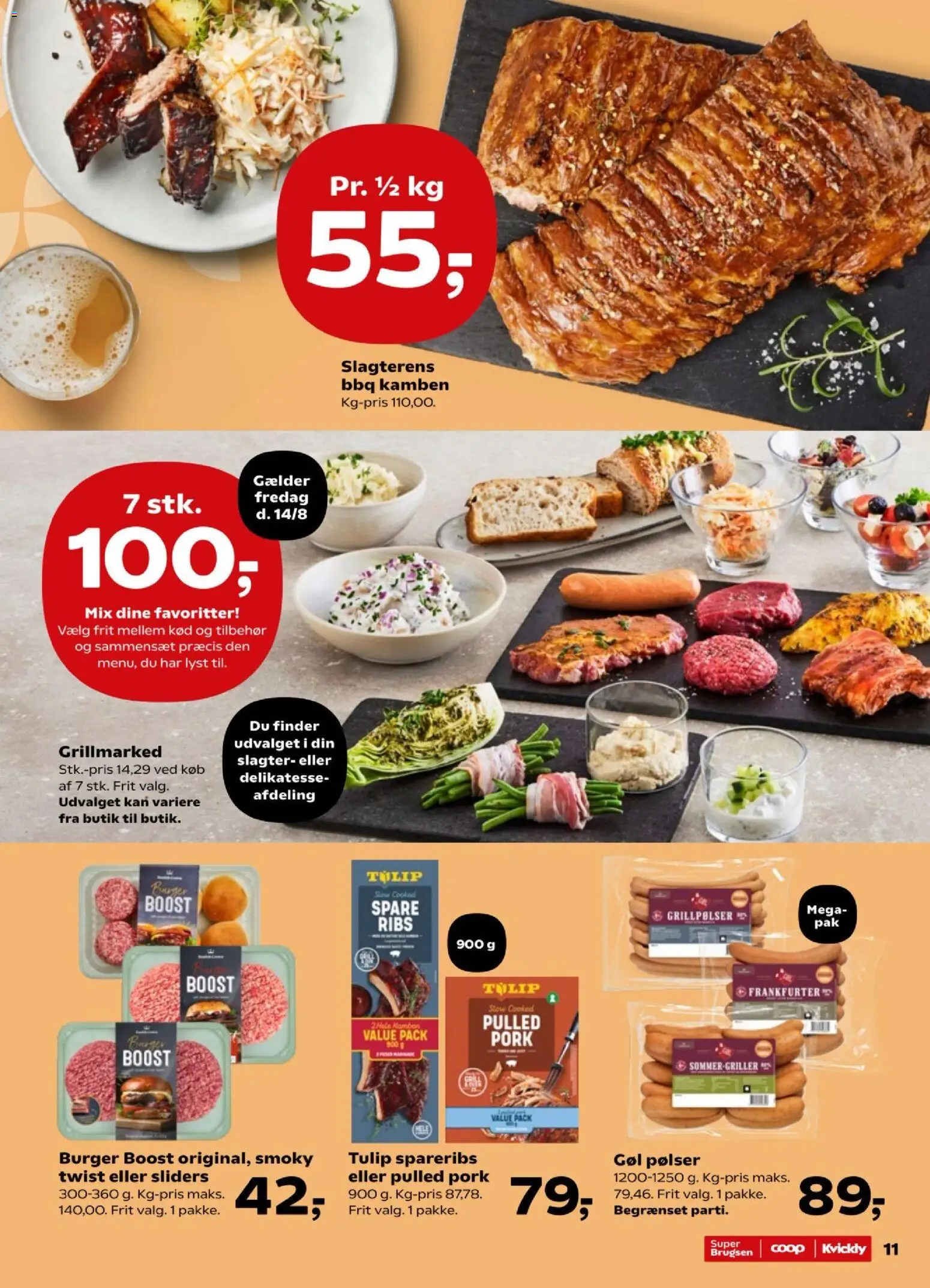 Super Brugsen tilbudsavis – gyldig fra 14/08/2026 | Side: 13 | Produkter: Pølser, Ribs, Spareribs, Grillpølser