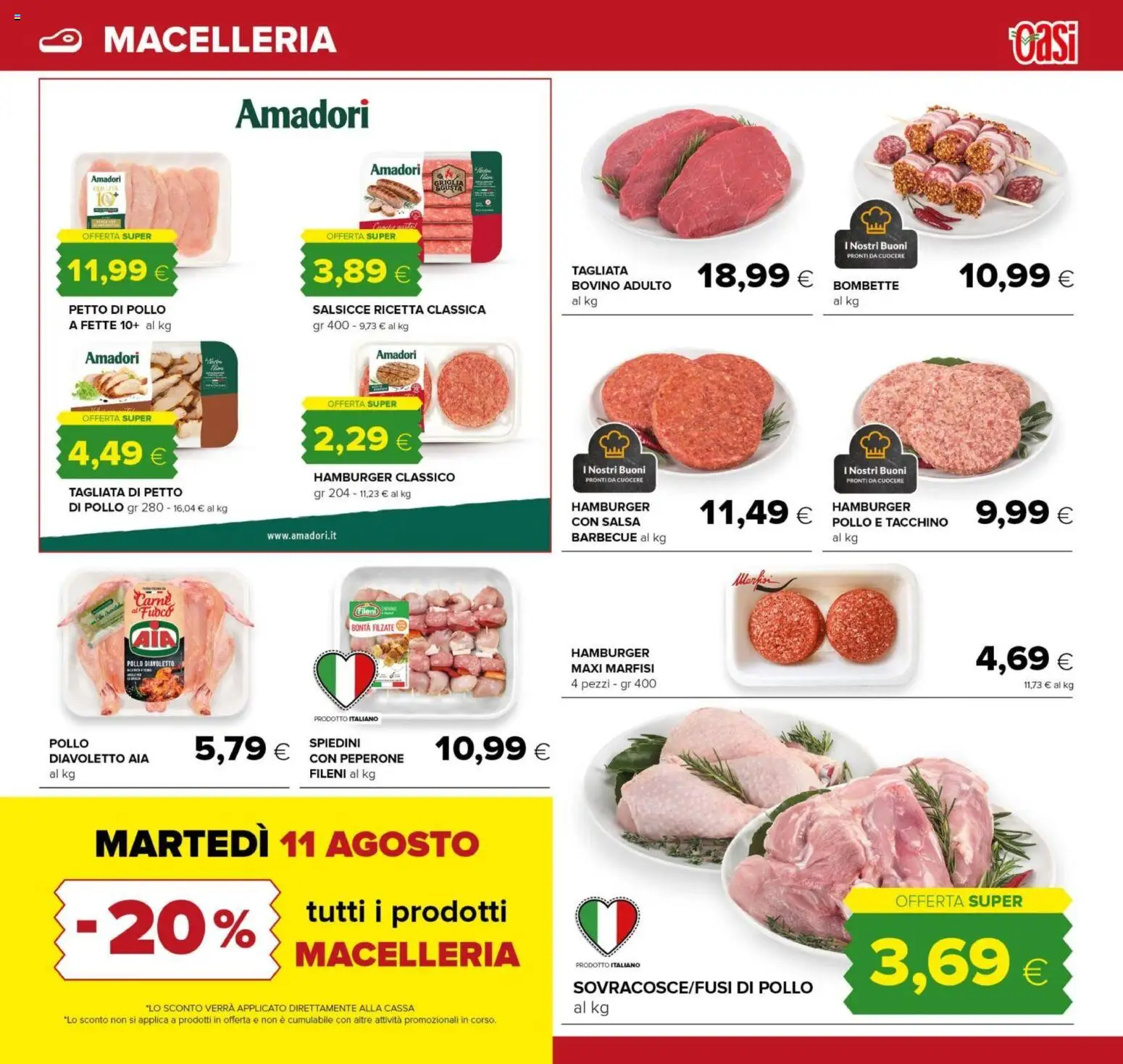 Volantino Oasi del 10/08/2026 | Pagina: 5 | Prodotti: Bovino, Pollo, Hamburger, Spiedini