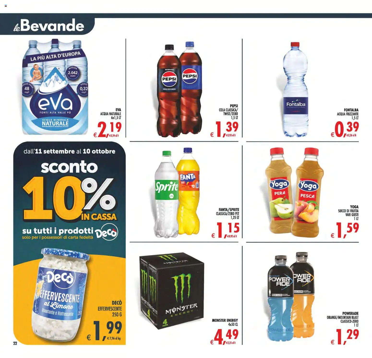 Volantino Decò del 22/09/2026 | Pagina: 22 | Prodotti: Frutta, Acqua minerale, Pepsi, Sprite