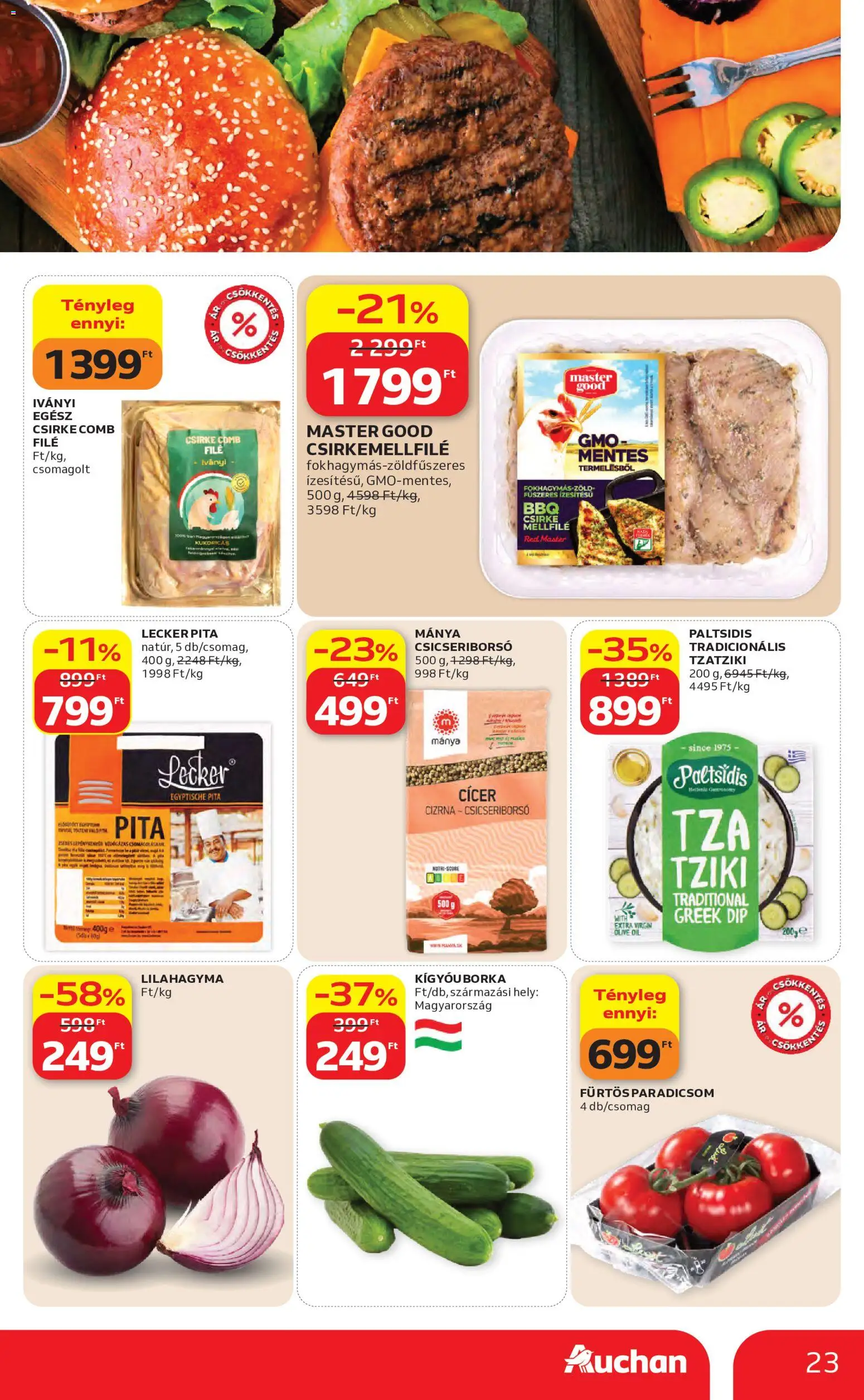 Auchan akciós ujság - amely érvényes a következő dátumtól: 07.05.2026 | Oldal: 23 | Termékek: Egész csirke, Csicseriborsó, Pita, Paradicsom