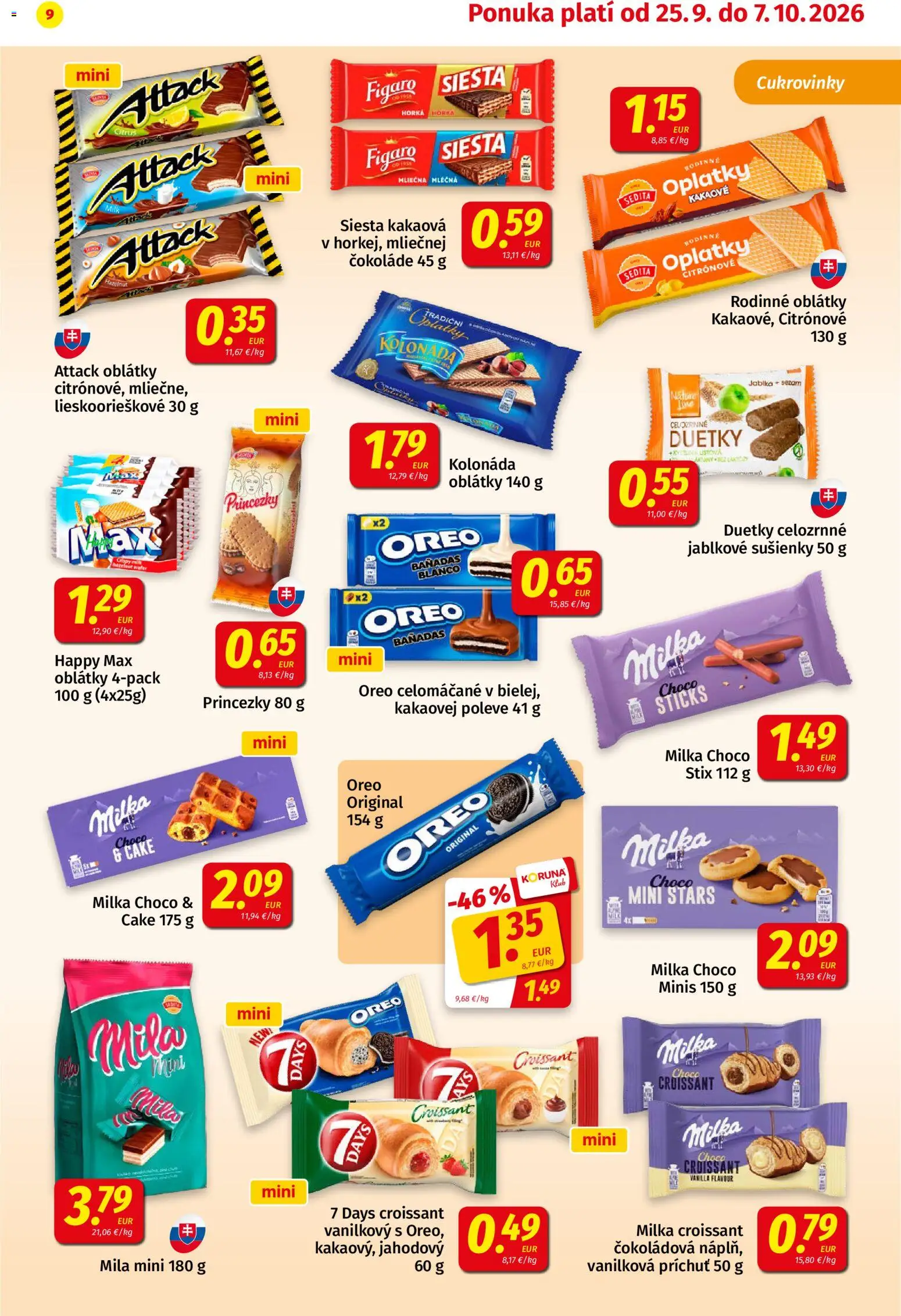 Nové Koruna akcie – leták je platný od 25.09.2026 | Strana: 9 | Produkty: Croissant, Sezam, Oreo, Milka