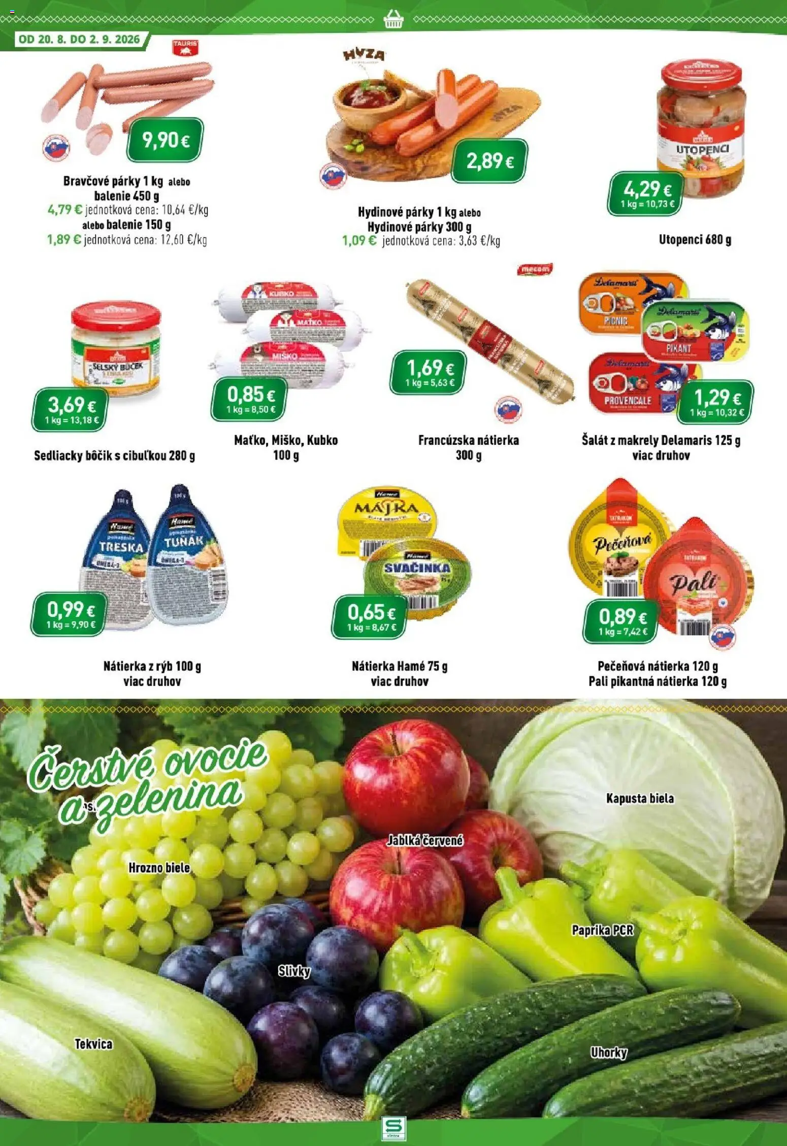 Nové Sintra akcie – leták je platný od 20.08.2026 | Strana: 4 | Produkty: Kapusta, Jablká, Párky, Slivky