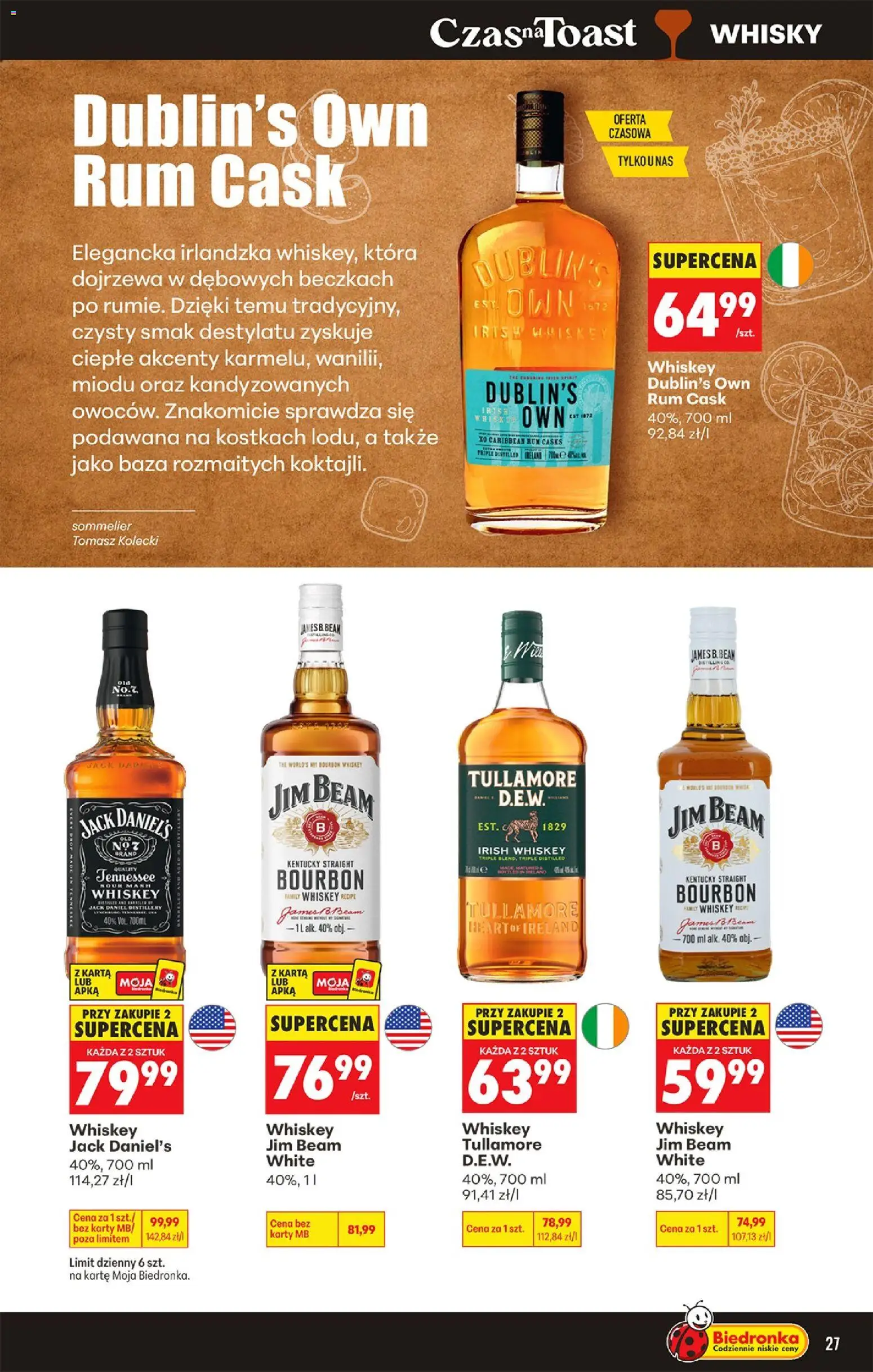 Biedronka gazetka - Czas na toast od 10.08.2026 | Strona: 27 | Produkty: Jim Beam, Jack Daniel's, Rum, Whisky