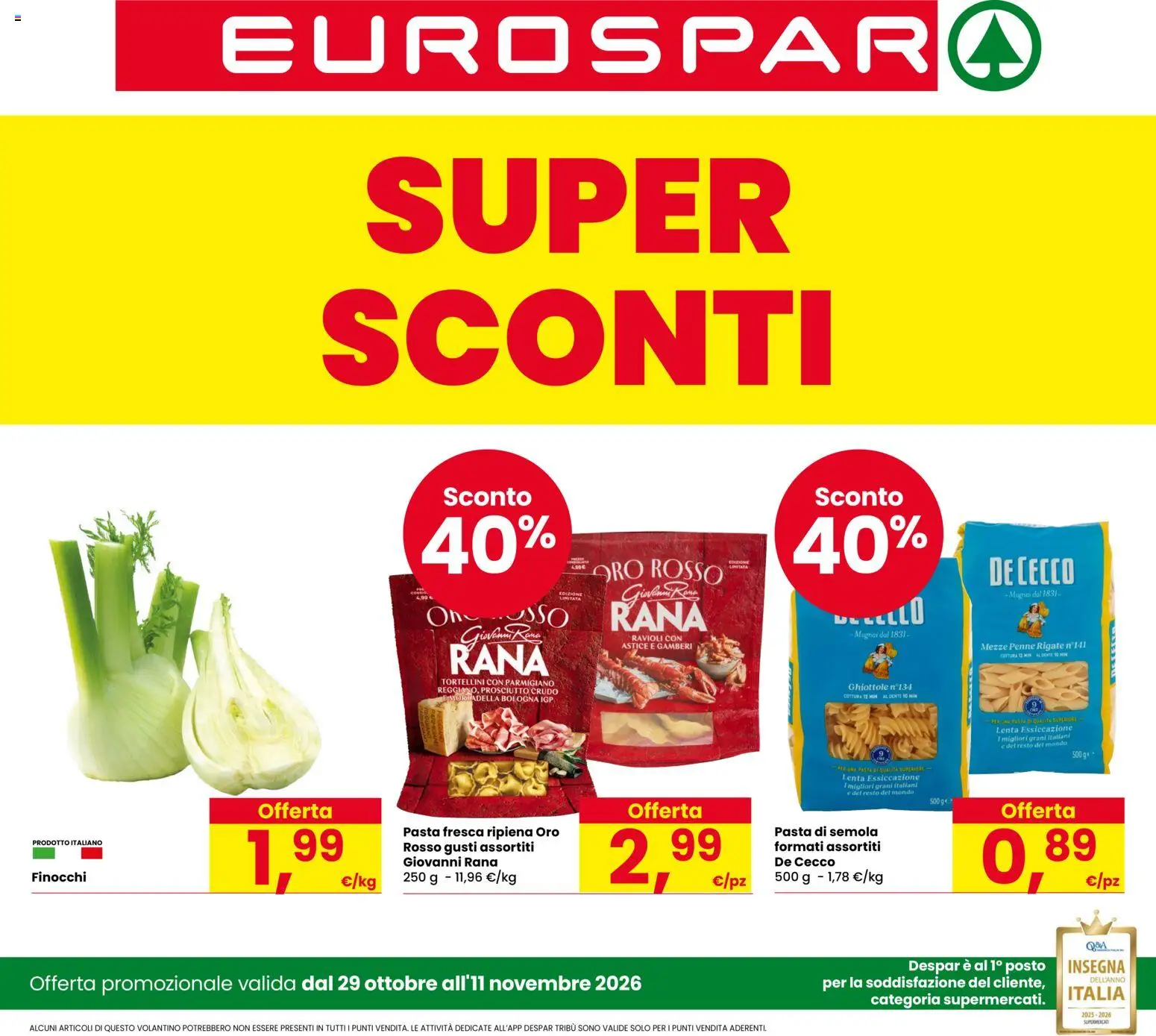 Volantino Eurospar del 29/10/2026 | Pagina: 1 | Prodotti: De Cecco, Mortadella, Semola, Parmigiano