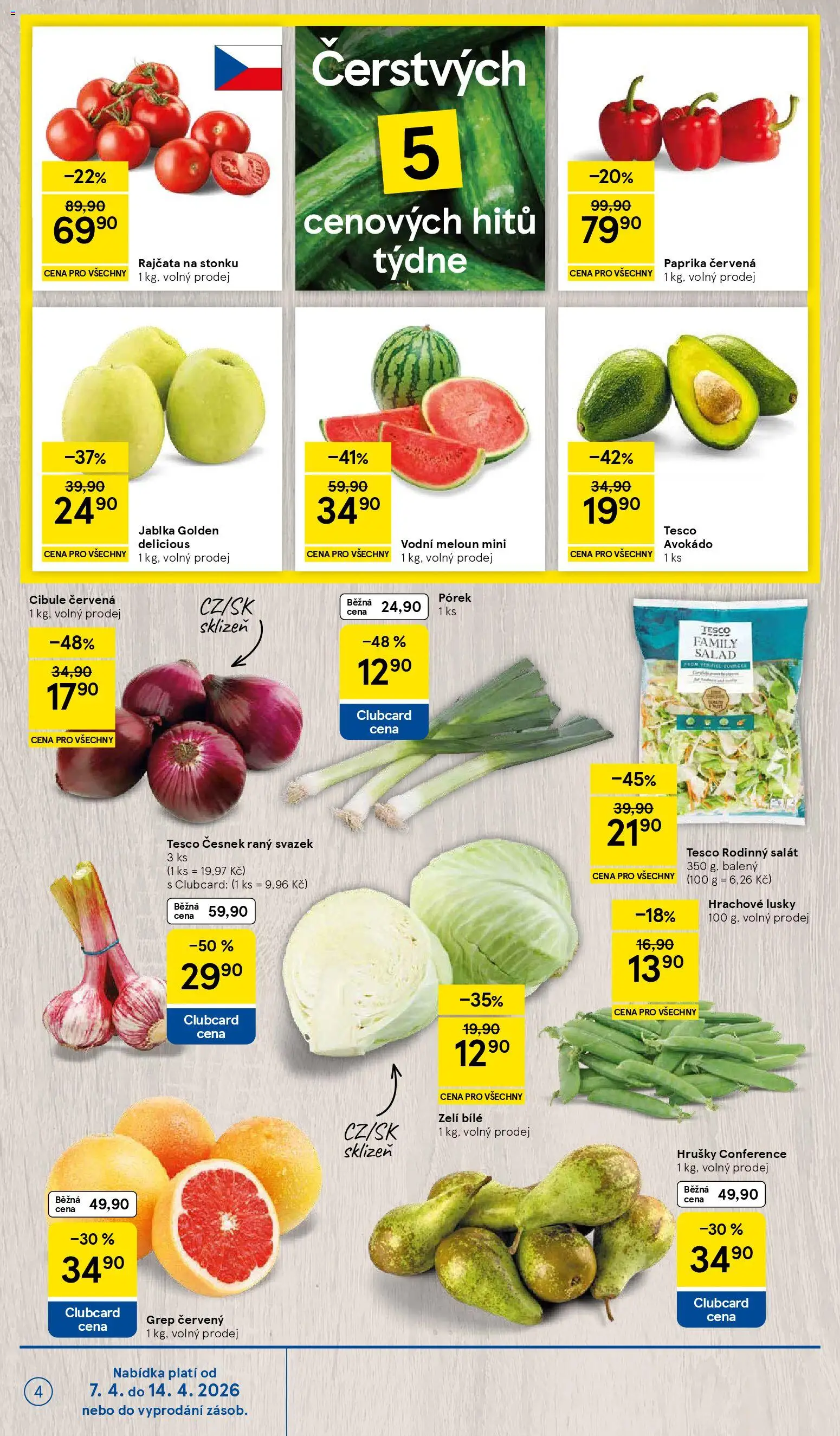 Tesco leták - Hypermarket od 07.04.2026 | Strana: 4 | Produkty: Salát, Paprika, Paprika červená, Cibule
