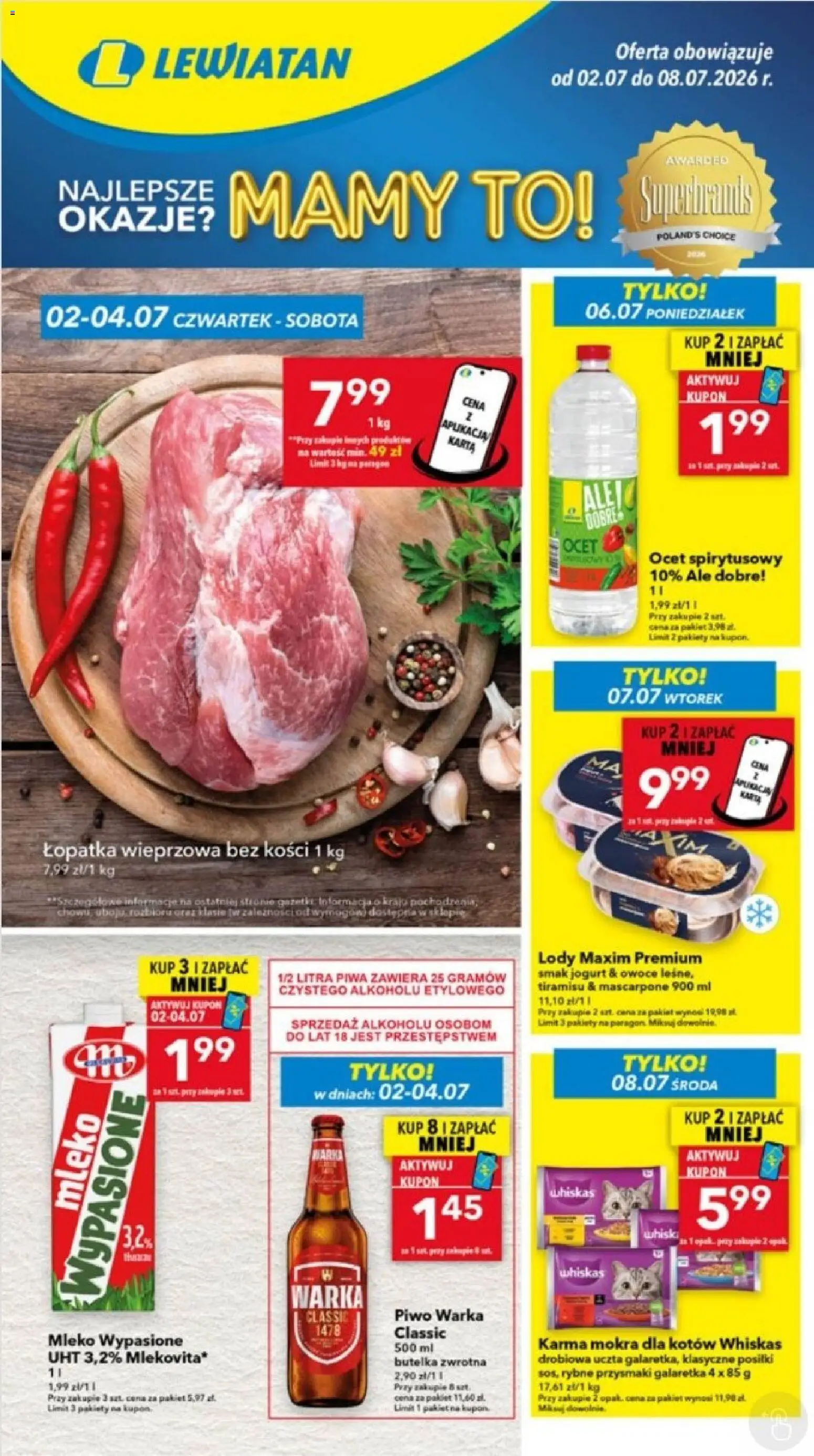 Lewiatan gazetka - Lublin od 02.07.2026 | Strona: 1 | Produkty: Ocet spirytusowy, Piwo Warka, Mascarpone, Piwo