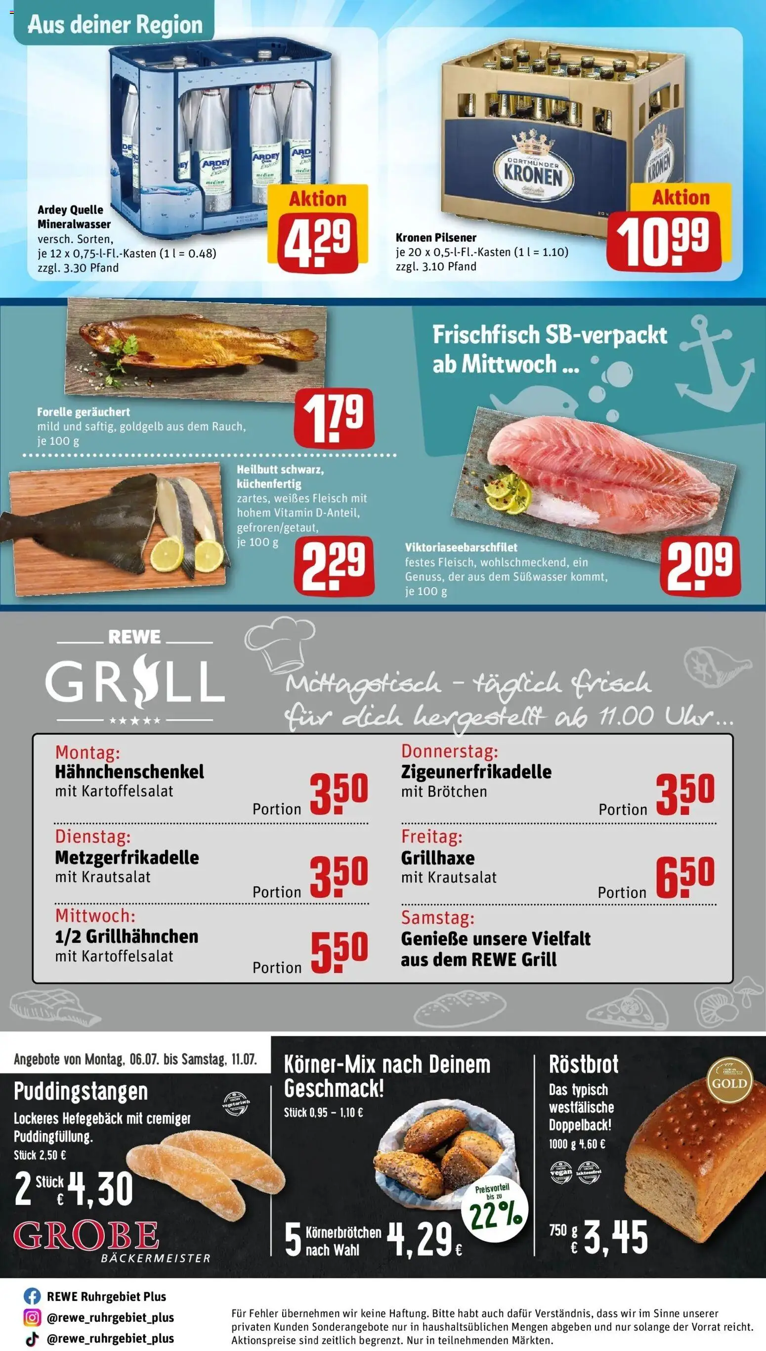 Rewe Prospekt Unna – gültig ab 05.07.2026 | Seite: 28 | Produkte: Grill, Hahnchenschenkel, Mineralwasser, Uhr