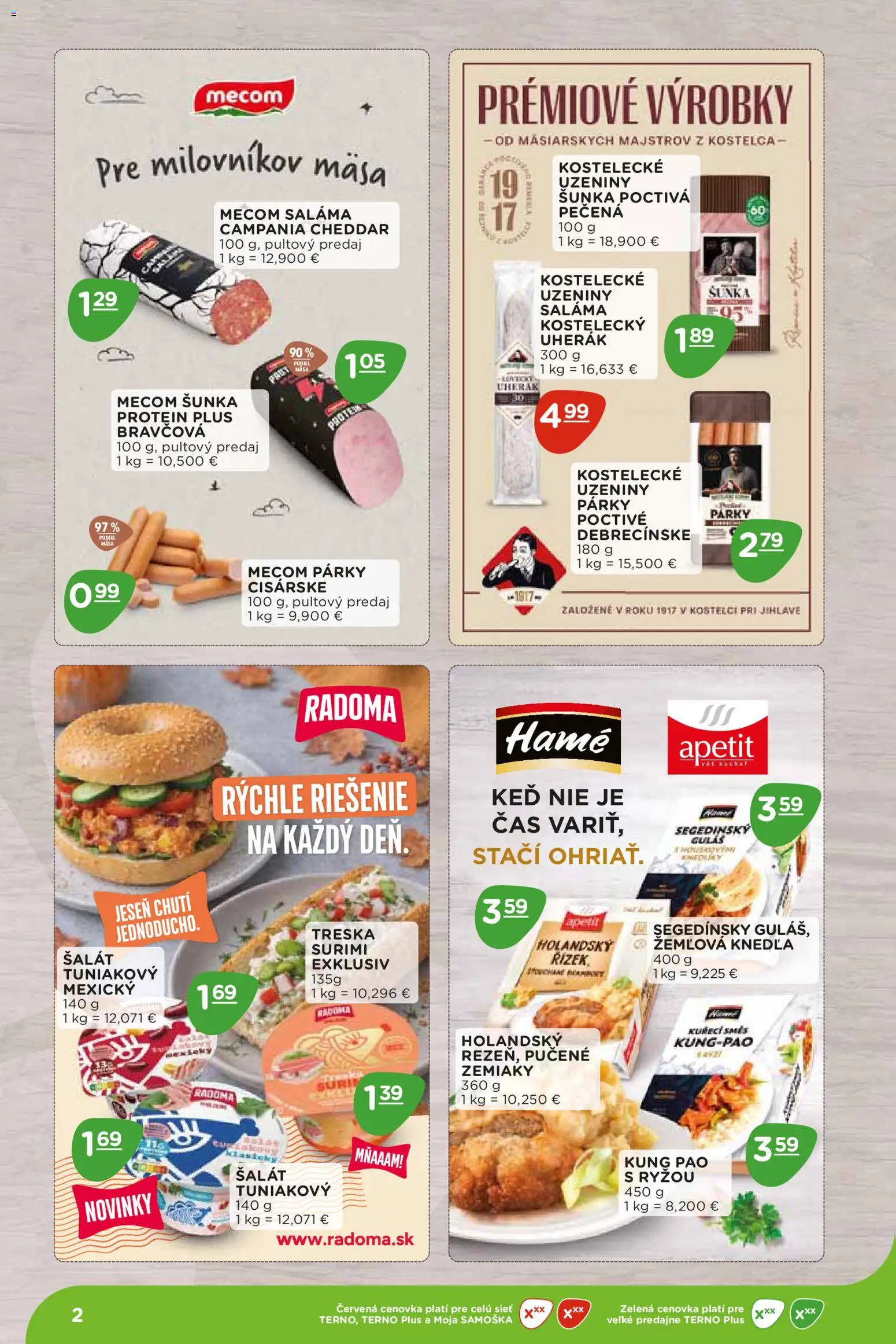Nové Terno akcie – leták je platný od 07.09.2026 | Strana: 2 | Produkty: Saláma, Šunka, Šalát, Knedľa