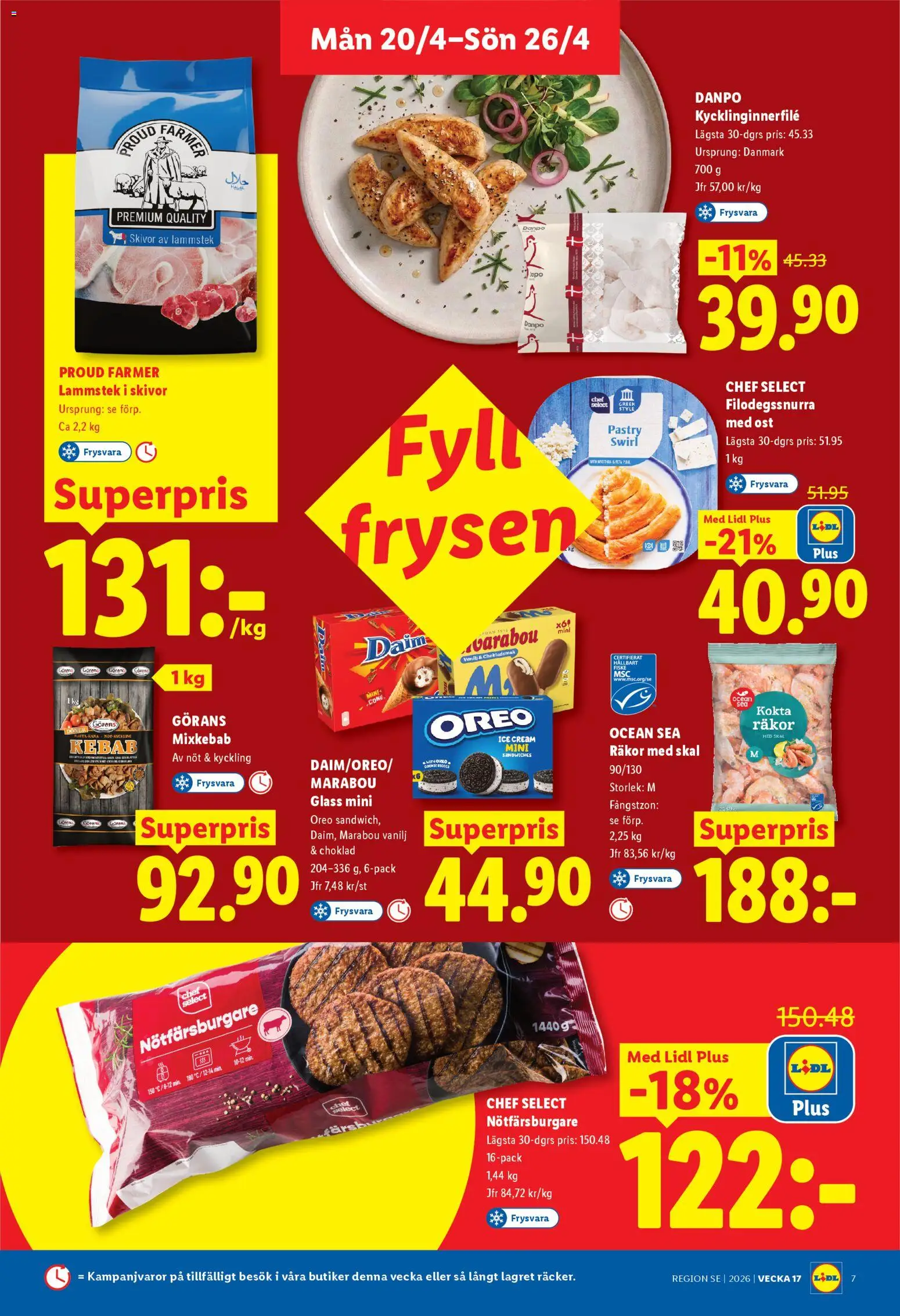 Lidl reklamblad aktuell från 20.04.2026 | Sida: 7 | Produkter: Räkor, Oreo, Ost, Glass