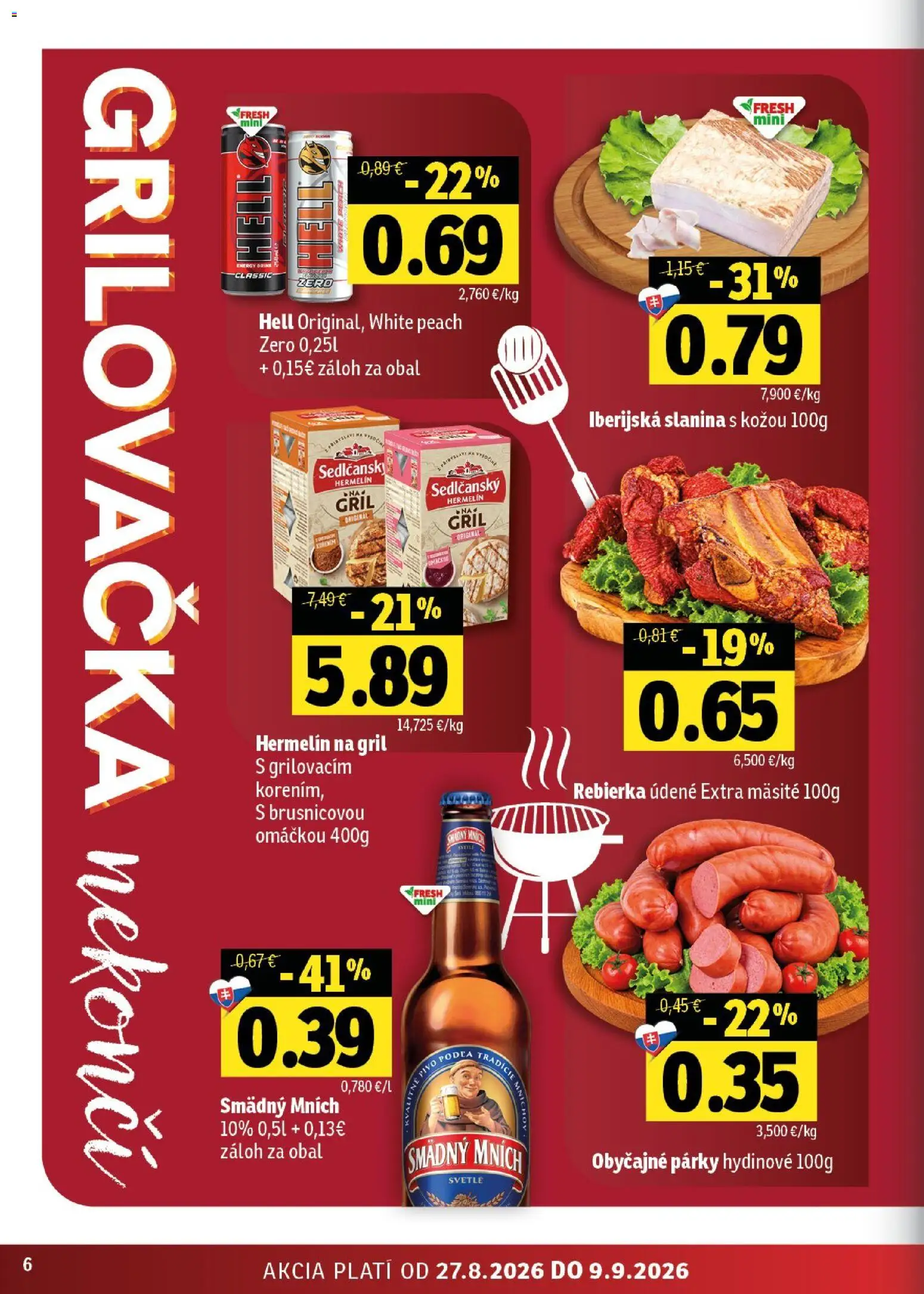 Nové Fresh akcie – leták je platný od 27.08.2026 | Strana: 6 | Produkty: Gril, Hermelín, Párky