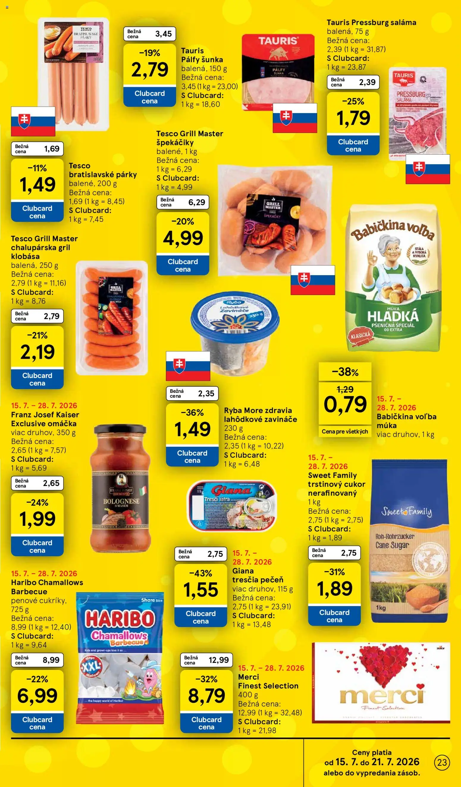 Nové Tesco akcie – leták je platný od 15.07.2026 | Strana: 23 | Produkty: Gril, Saláma, Cukor, Špekáčiky