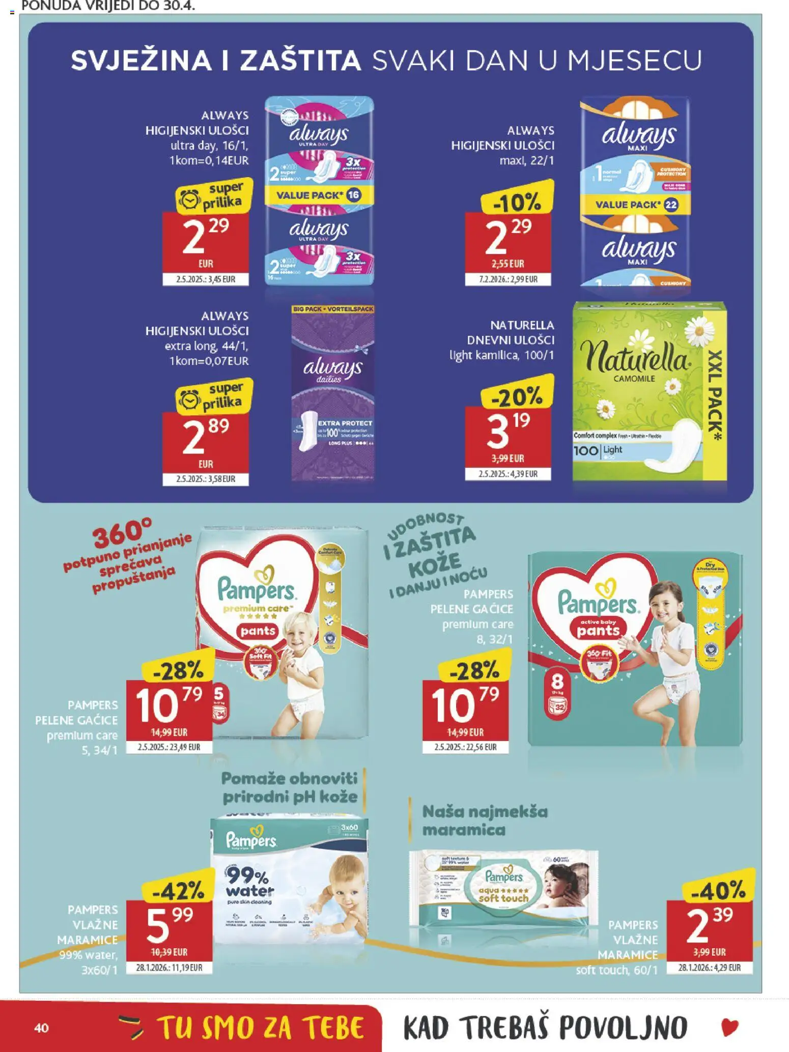 Konzum katalog | vrijedi od 08.04.2026 | Stranica: 40 | Proizvodi: Pelene, Dnevni ulošci, Gaćice, Pampers