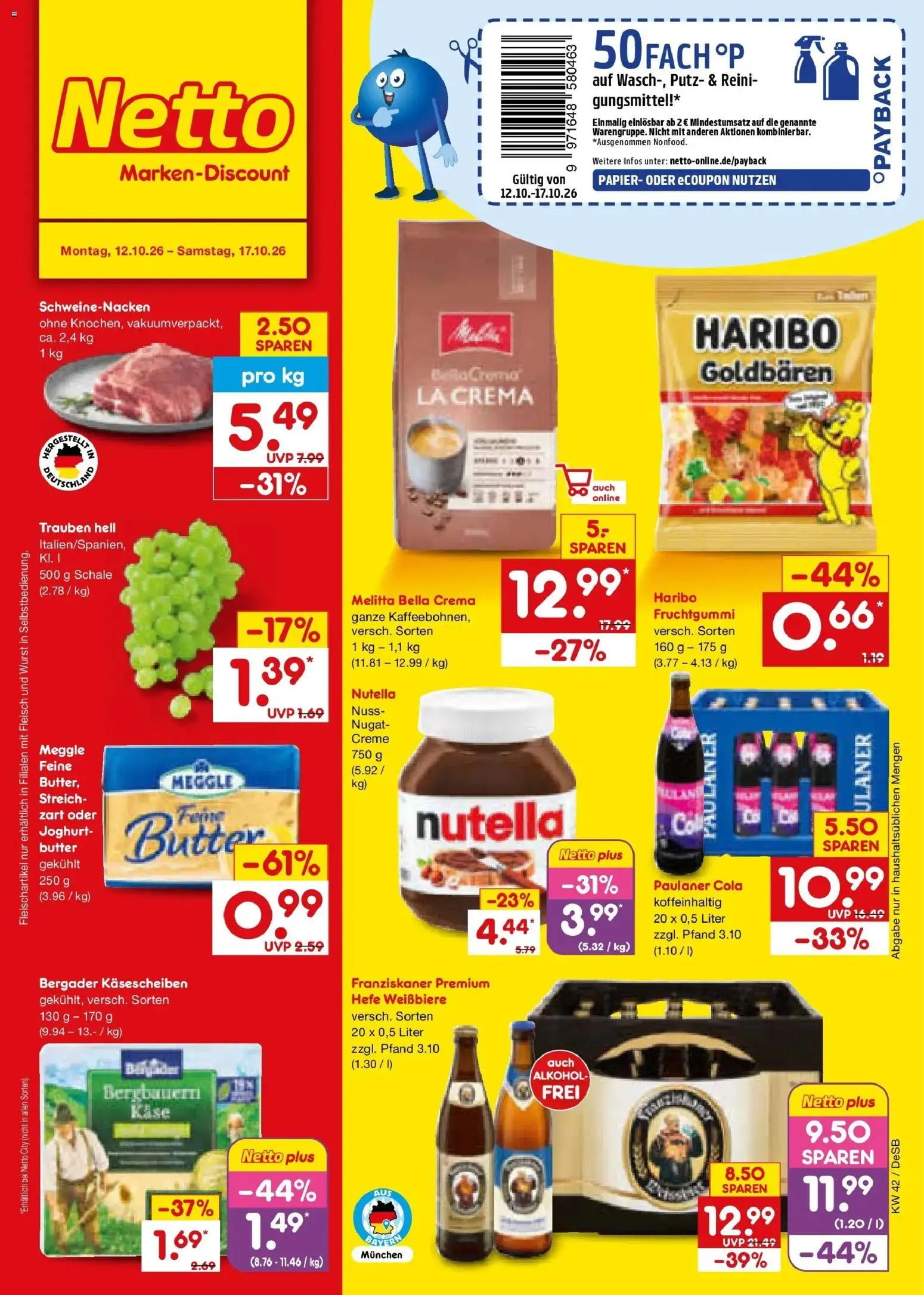 Netto Marken-Discount Prospekt Stuttgart (ab 12.10.2026) » Angebote | Seite: 1 | Produkte: Haribo, Butter, Joghurt, Schweinenacken