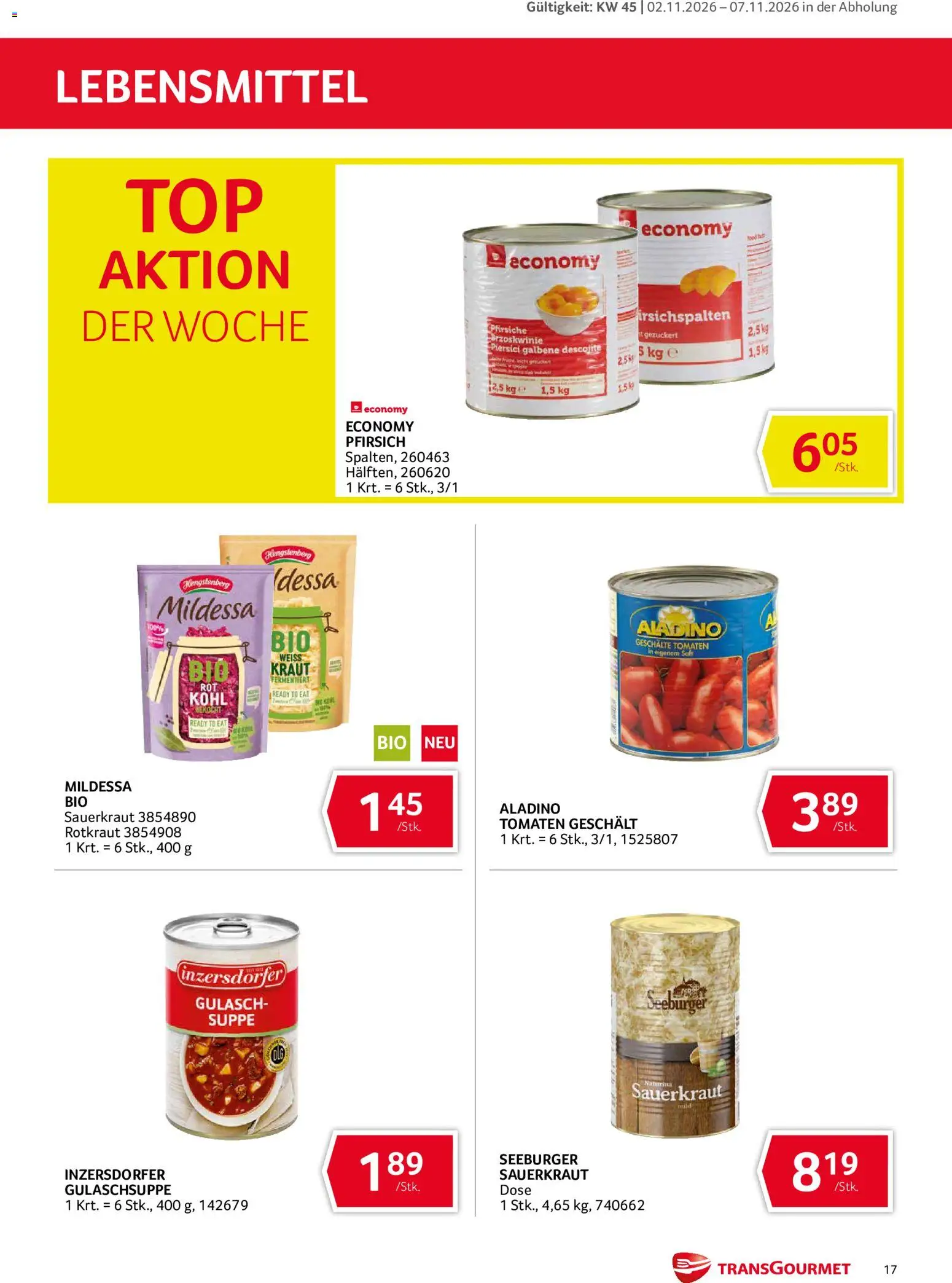 Transgourmet Abhol Aktion gültig ab 02.11.2026 | Seite: 17 | Produkte: Pfirsich, Lebensmittel, Sauerkraut, Tomaten