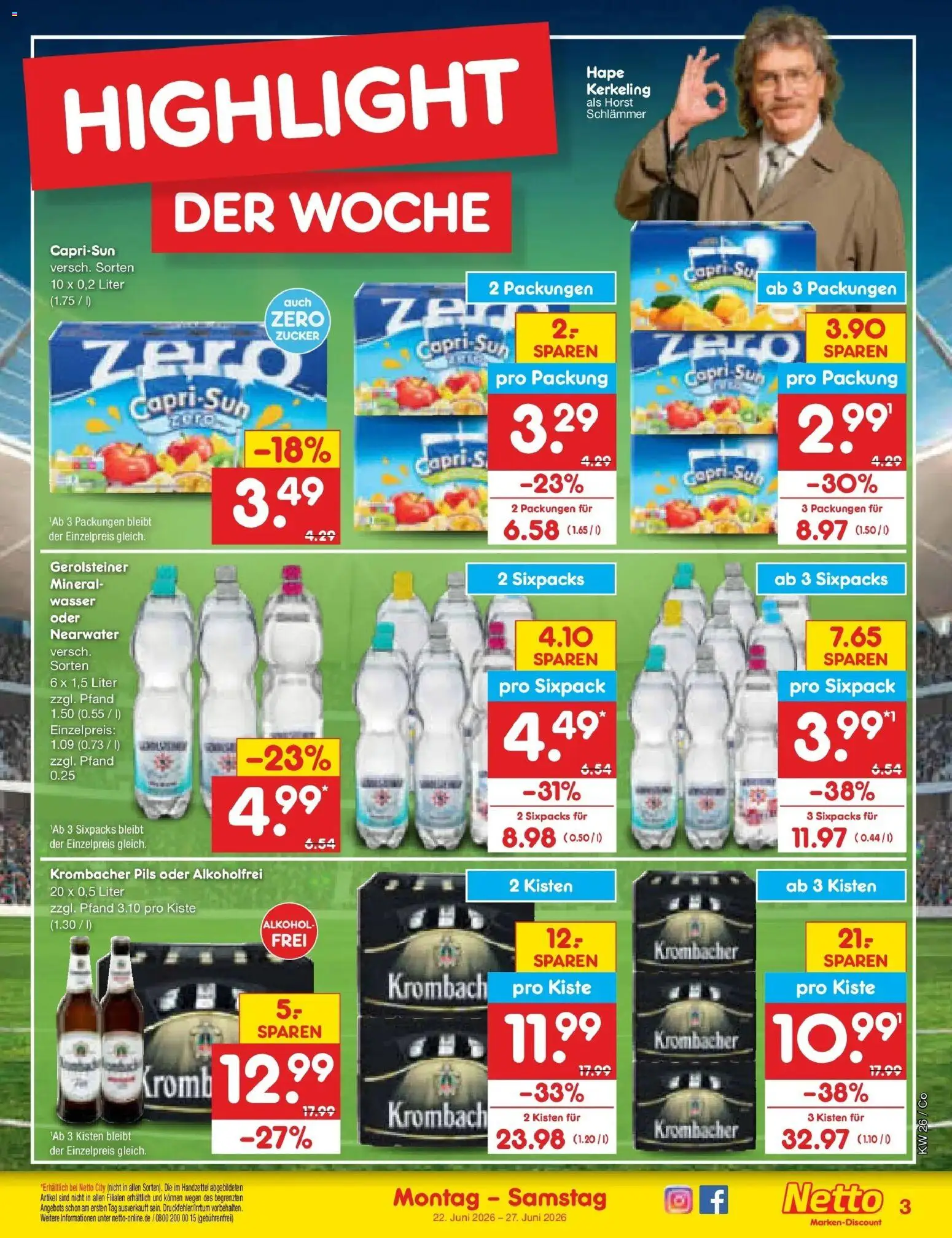 Netto Marken-Discount Prospekt Bitterfeld-Wolfen – gültig ab 22.06.2026 | Seite: 3 | Produkte: Capri sun, Wasser, Zucker, Krombacher