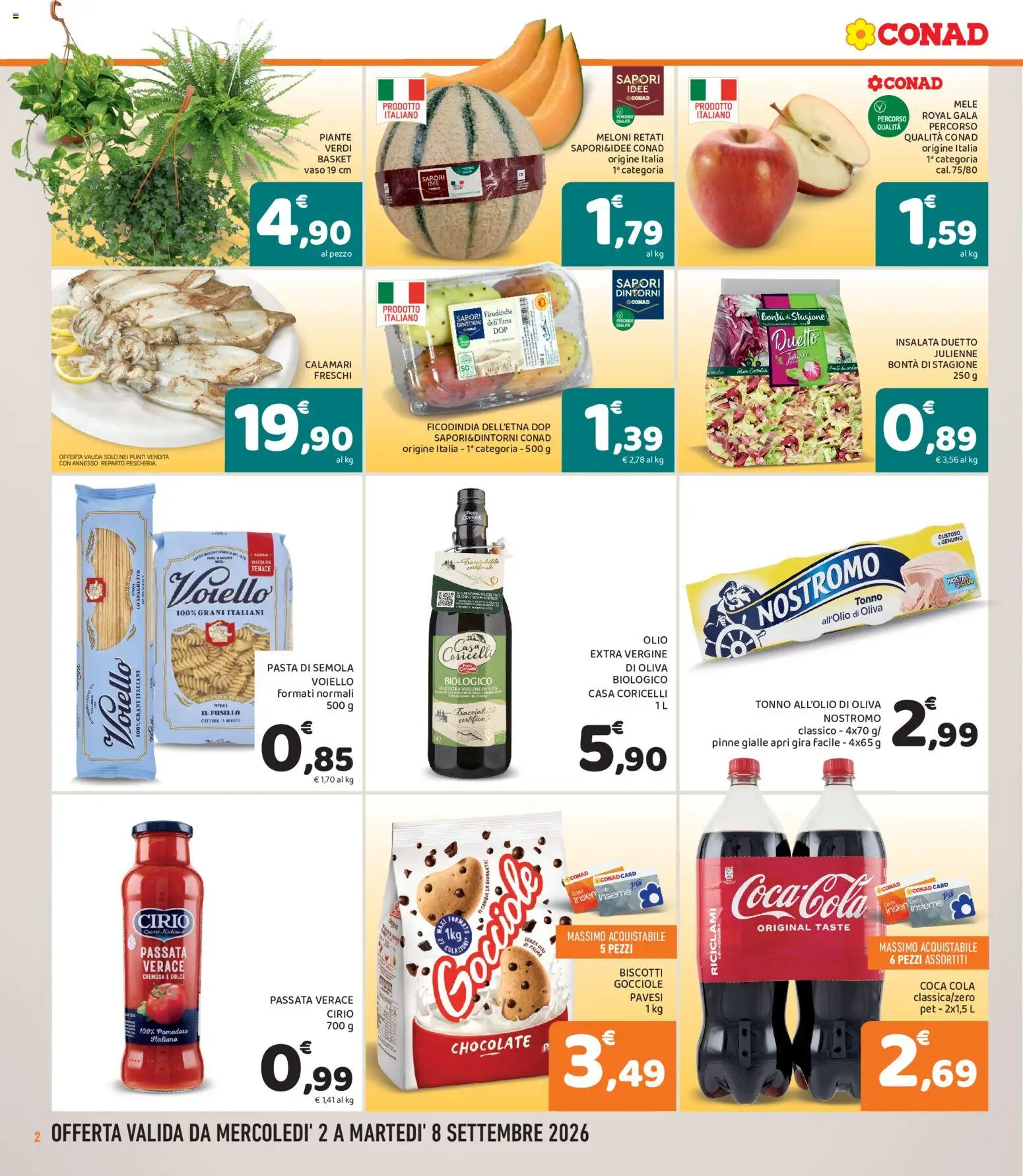 Volantino Conad del 02/09/2026 | Pagina: 2 | Prodotti: Pomodoro, Olive, Vaso, Coca Cola