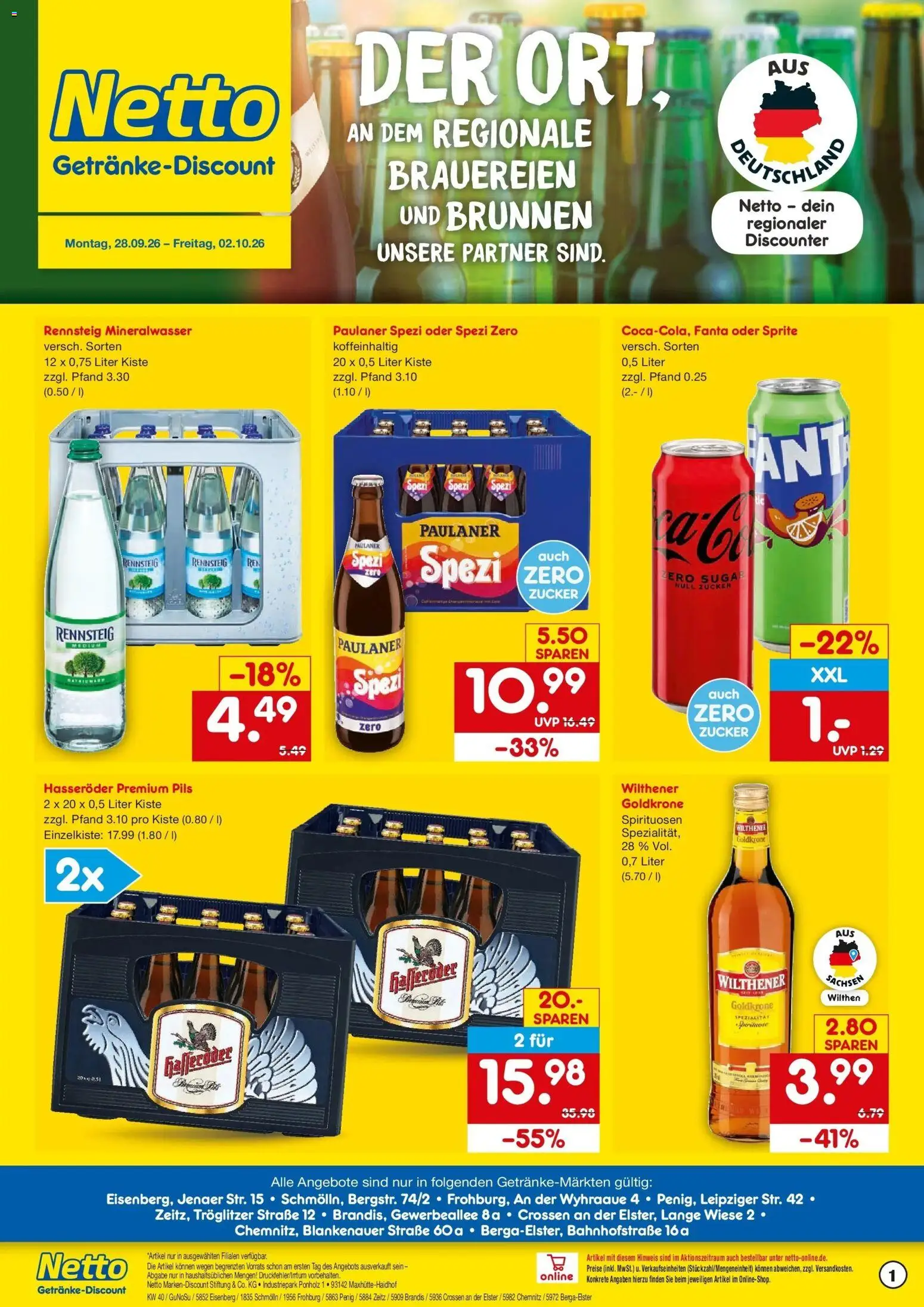 Netto Marken-Discount Prospekt Frohburg – gültig ab 28.09.2026 | Seite: 1 | Produkte: Wilthener, Pils, Hasseröder, Paulaner