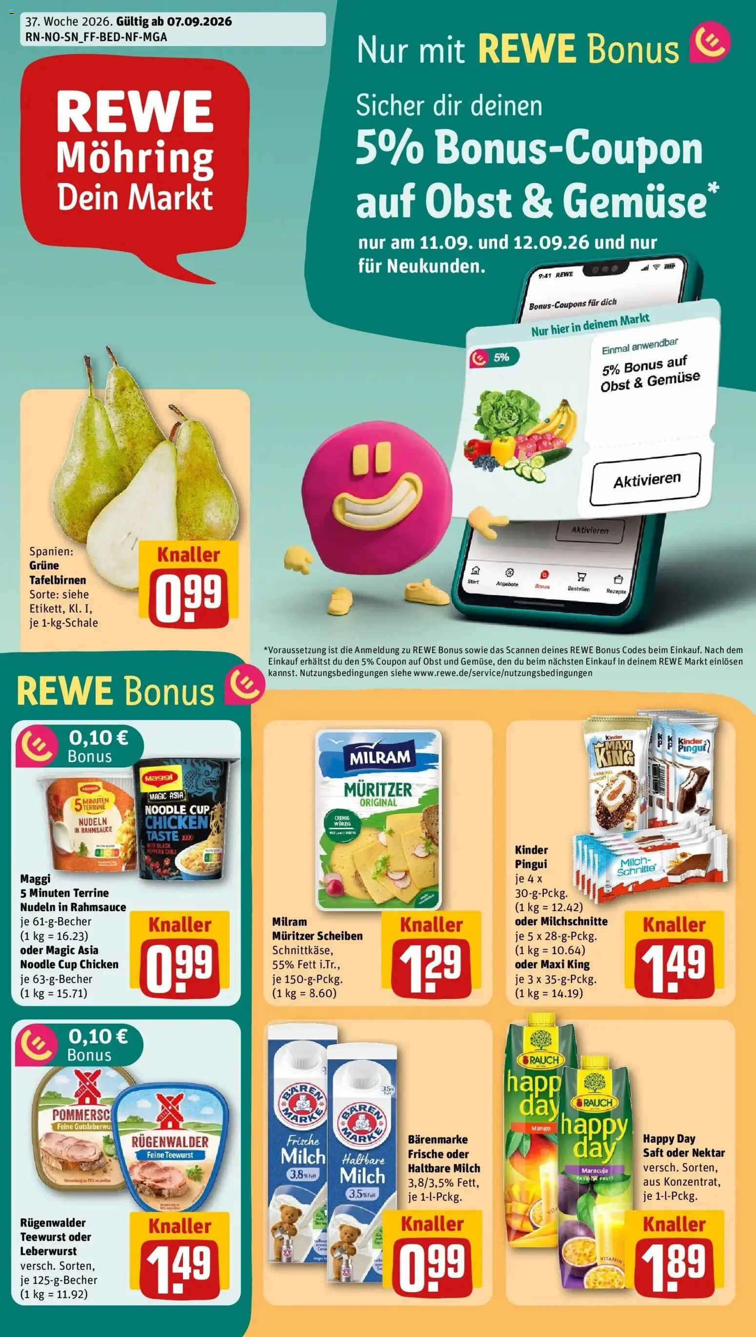 REWE Prospekt ab 07.09.2026 zum Blättern » Angebote | Seite: 1 | Produkte: Gemüse, Obst, Milram, Saft