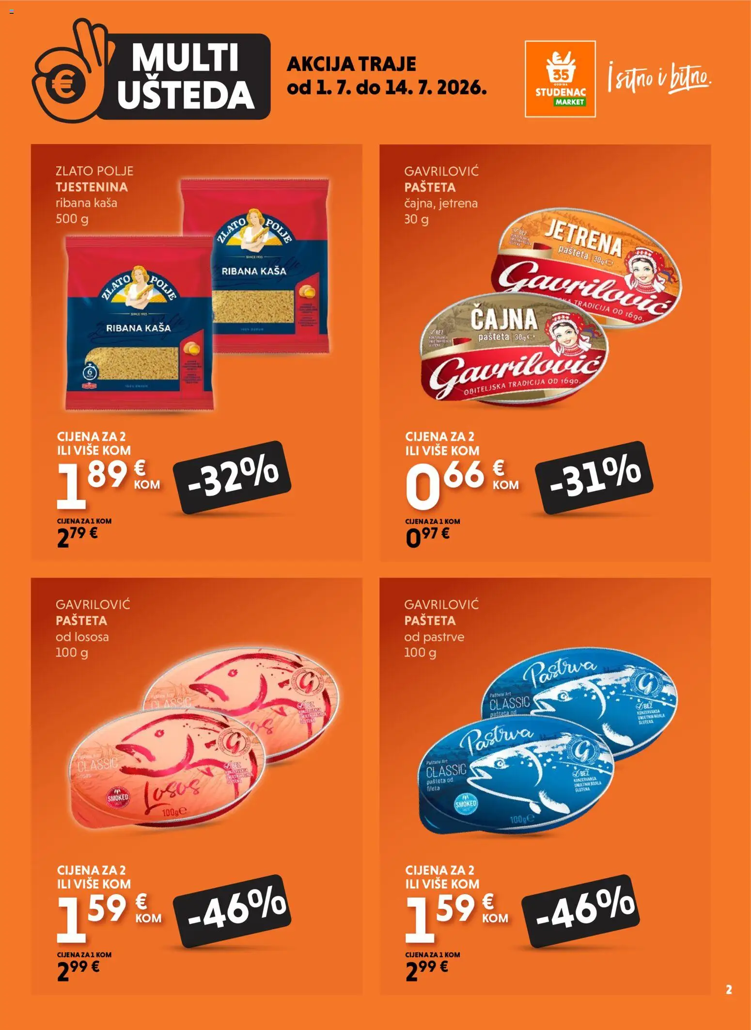 Studenac katalog | vrijedi od 01.07.2026 | Stranica: 2 | Proizvodi: Tjestenina, Pašteta, Losos