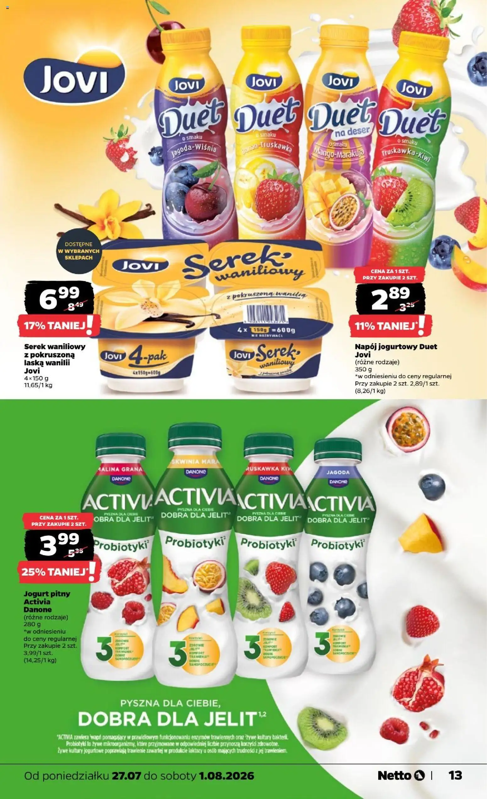 Netto gazetka od poniedziałku od 27.07.2026 | Strona: 13 | Produkty: Malina, Serek, Jogurt pitny, Jogurt