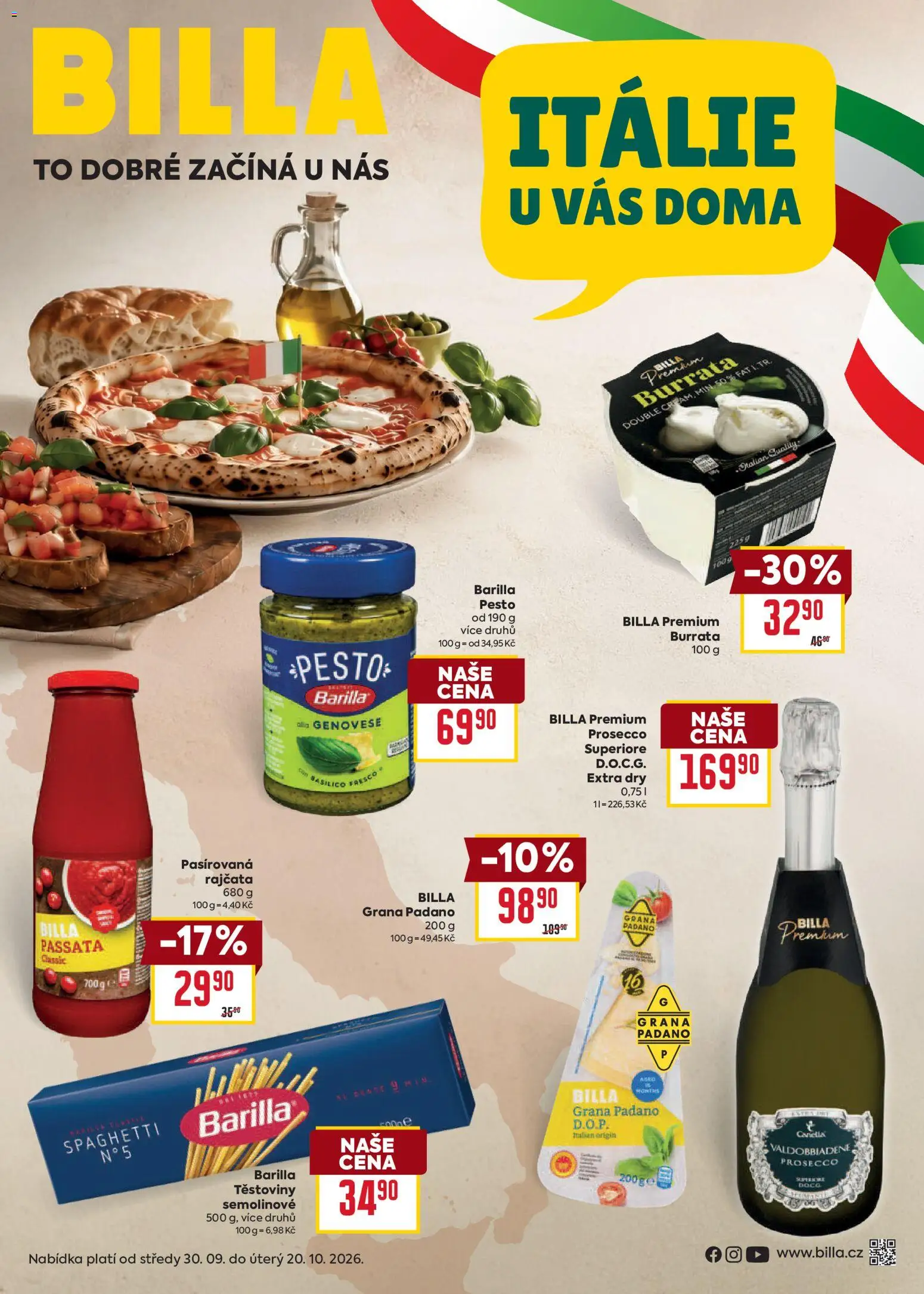Billa - BILLA.cz - Katalog: Itálie 30. 9. 2026 - 20. 10. 2026 od 30.09.2026 | Strana: 1 | Produkty: Prosecco, Těstoviny, Pesto, Grana Padano