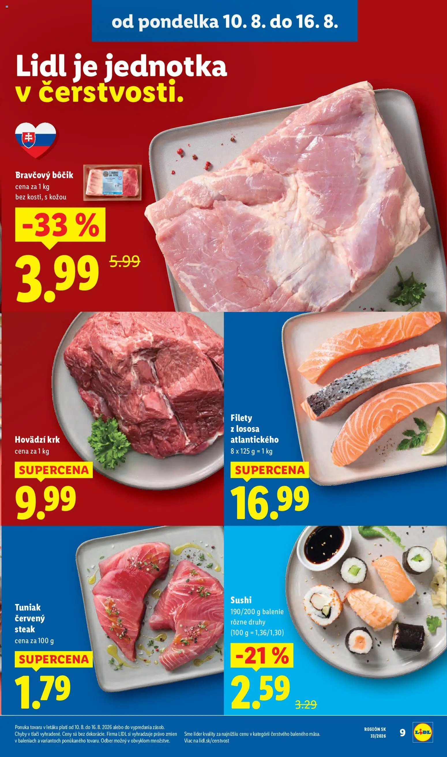 Nové Lidl akcie – leták je platný od 10.08.2026 | Strana: 13 | Produkty: Tuniak, Bravčový bôčik, Steak, Hovädzí krk