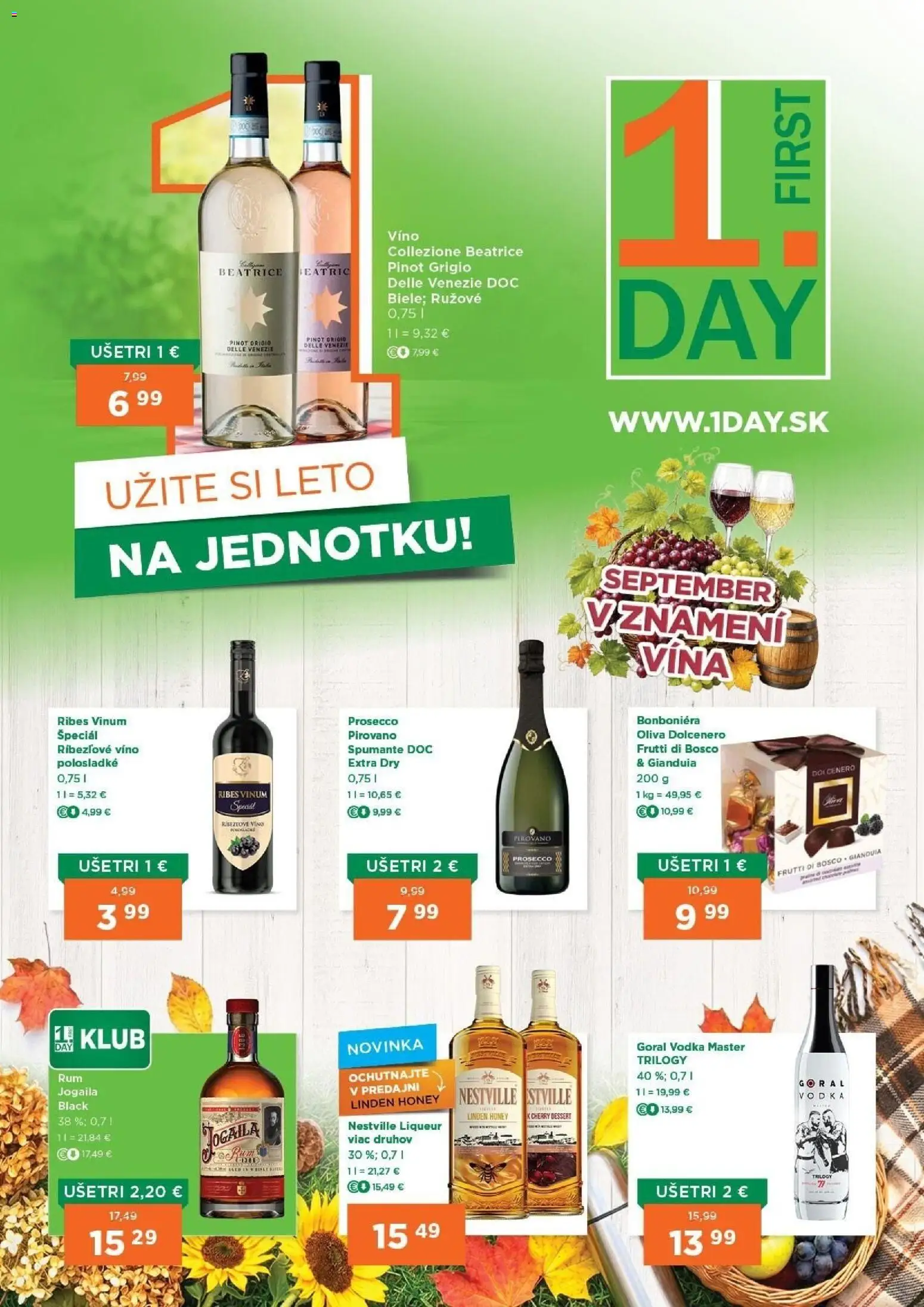 Nové 1day akcie – leták je platný od 10.09.2026 | Strana: 1 | Produkty: Víno, Ríbezľové víno, Vodka, Bonboniéra