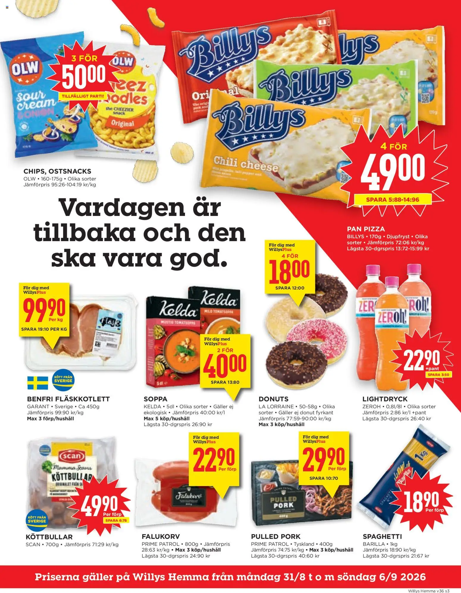 Willys reklamblad aktuell från 31/08/2026 | Sida: 3 | Produkter: Donut, Falukorv, Spaghetti, Kött