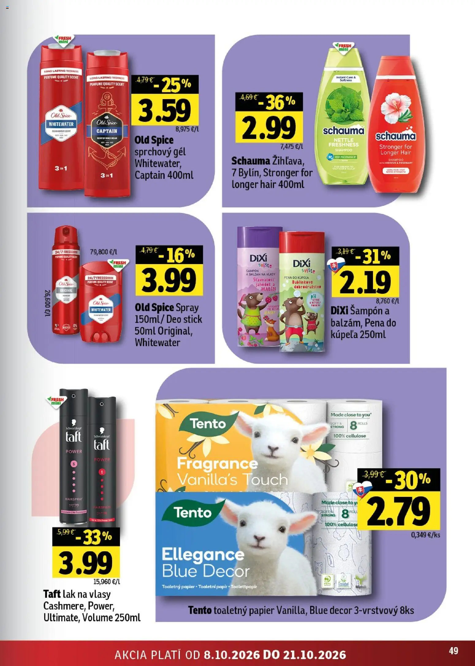 Nové Fresh akcie – leták je platný od 08.10.2026 | Strana: 49 | Produkty: Lak na vlasy, Sprchový gél, Pena do kúpeľa, Pena