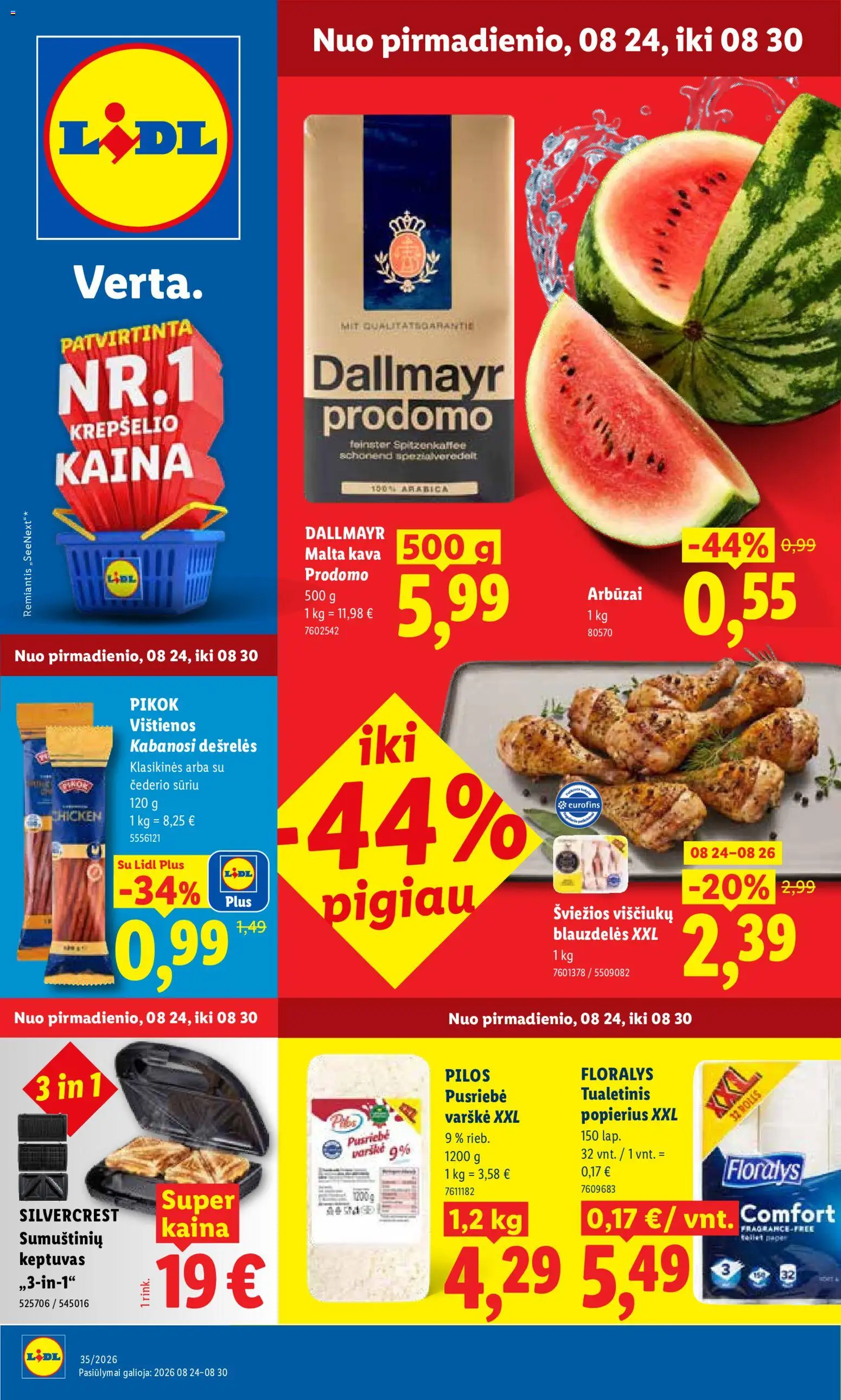LIDL akcijos nuo 2026.08.24 | Puslapis: 1 | Prekių: Vištienos, Dešrelės, Varškė, Kava