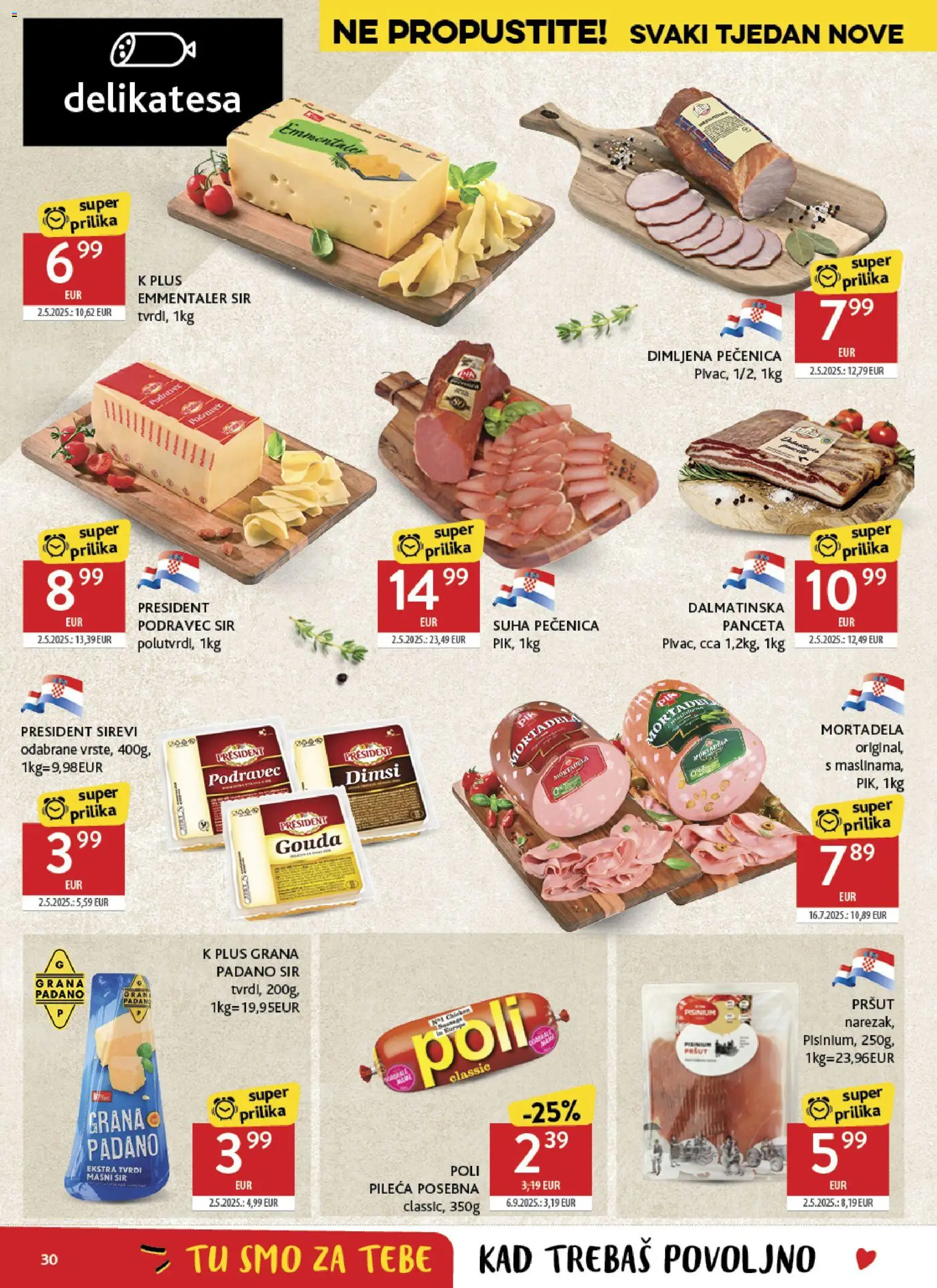 Konzum katalog | vrijedi od 14.10.2026 | Stranica: 30 | Proizvodi: Pršut, Mortadela, Panceta, Gouda