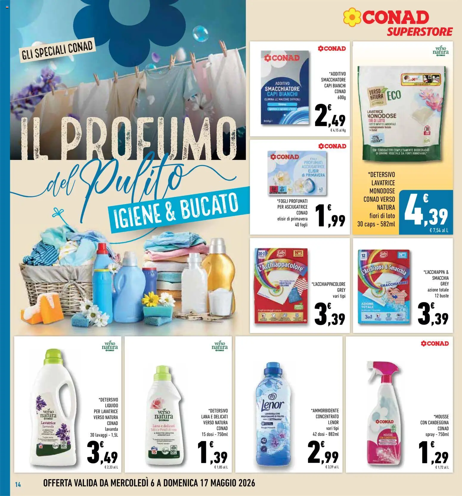 Volantino Conad del 06.05.2026 | Pagina: 14 | Prodotti: Ammorbidente, Smacchiatore, Asciugatrice, Lavanda