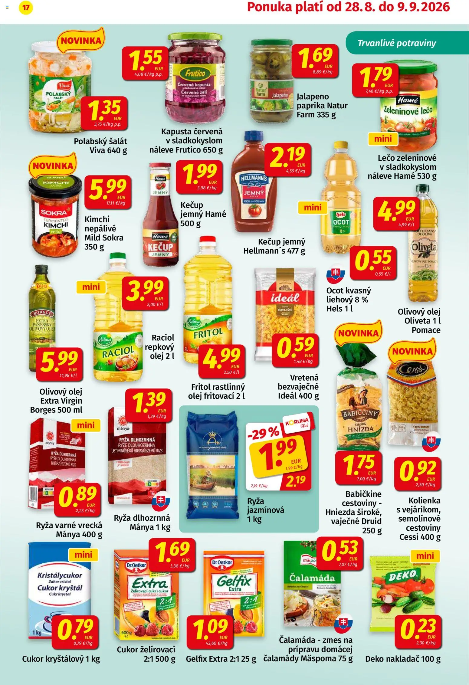 Nové Koruna akcie – leták je platný od 14.08.2026 | Strana: 17 | Produkty: Olej, Cukor kryštál, Šalát, Ocot