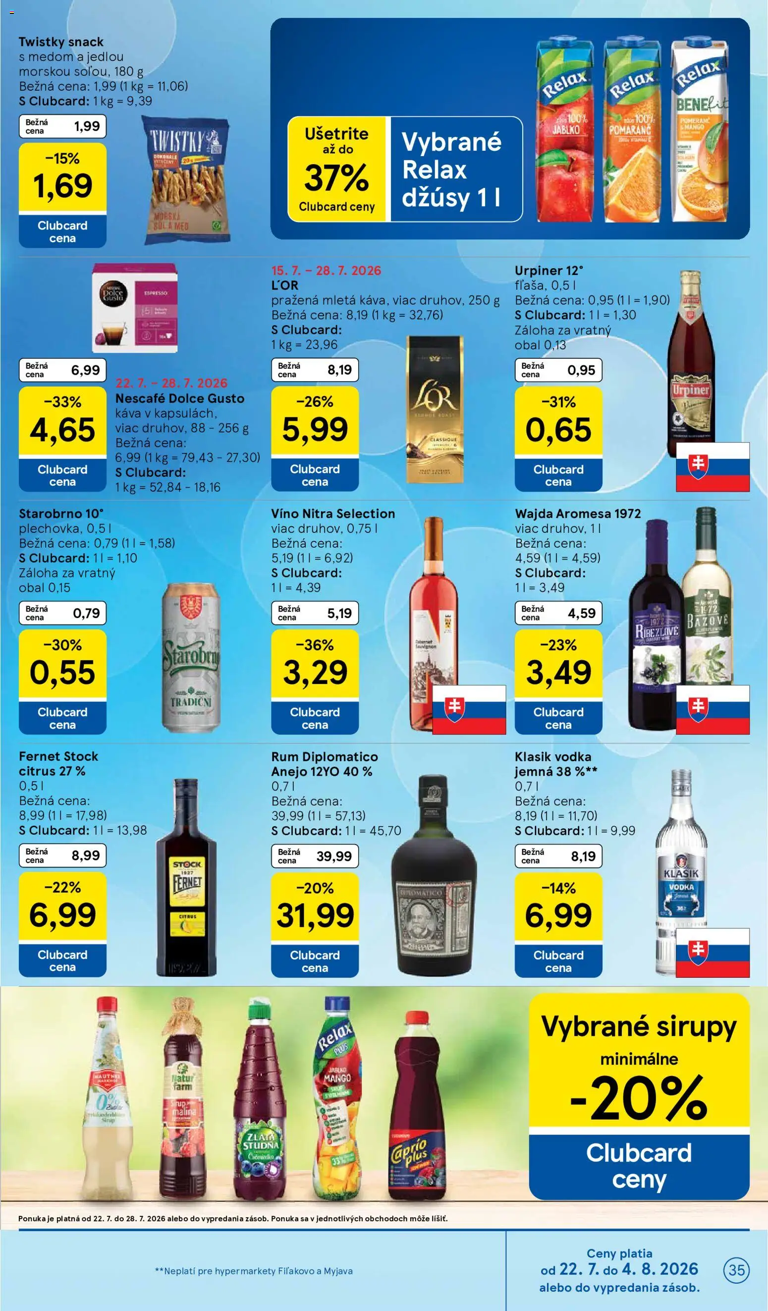 Nové Tesco akcie – leták je platný od 22.07.2026 | Strana: 35 | Produkty: Dolce Gusto, Diplomatico, Fernet, Rum