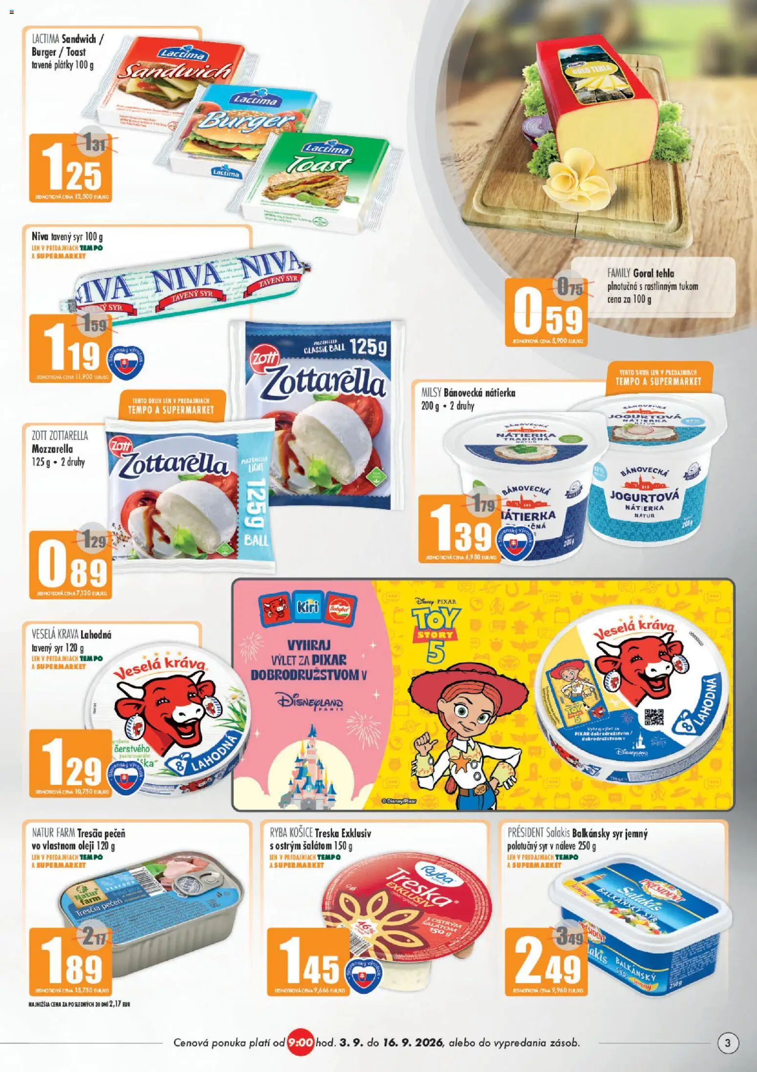 Nové COOP Jednota akcie – leták je platný od 03.09.2026 | Strana: 3 | Produkty: Mozzarella, Niva, Balkánsky syr, Treska