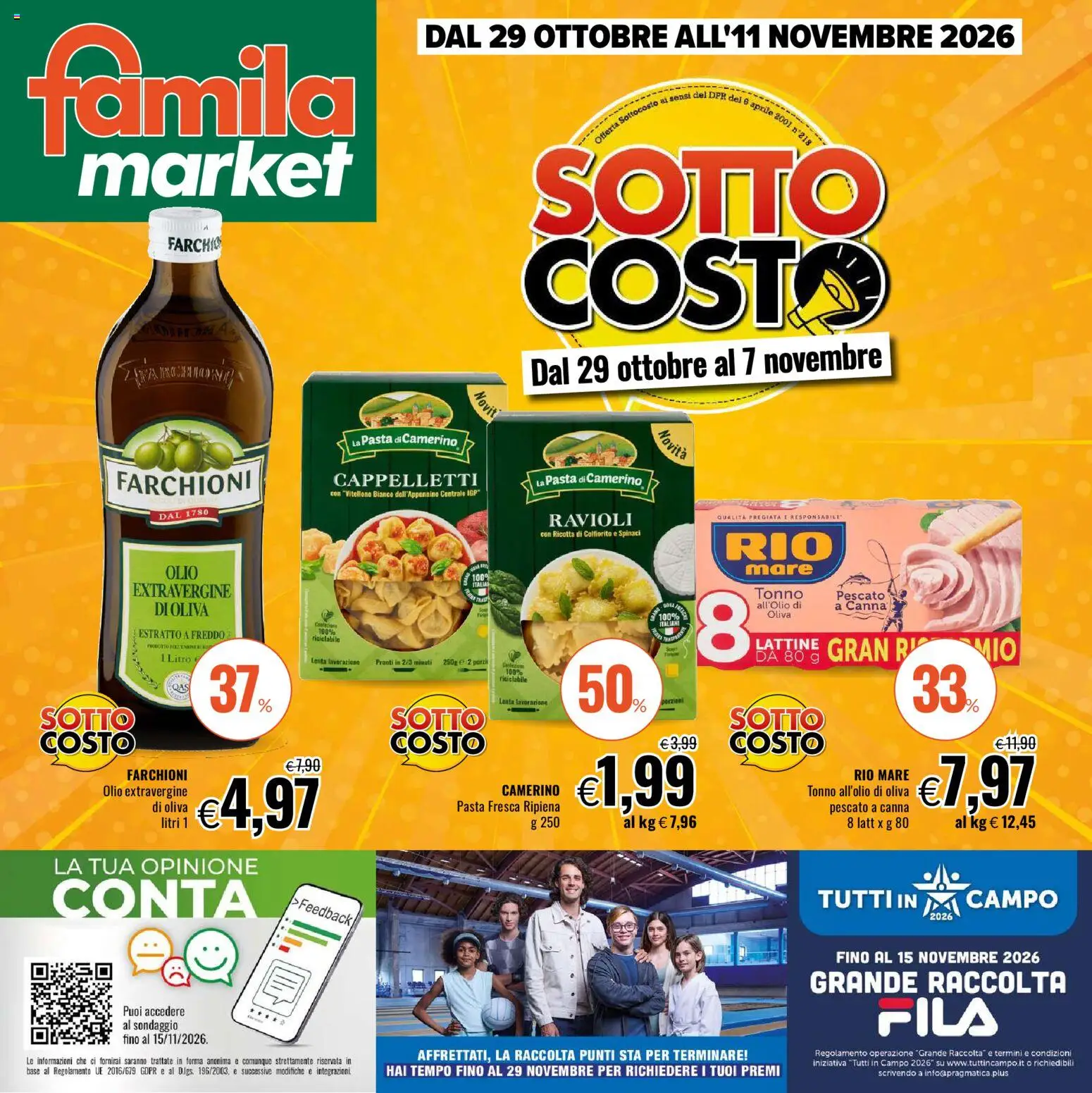 Volantino Famila del 29/10/2026 | Pagina: 1 | Prodotti: Olio, Pasta, Tonno, Ricotta
