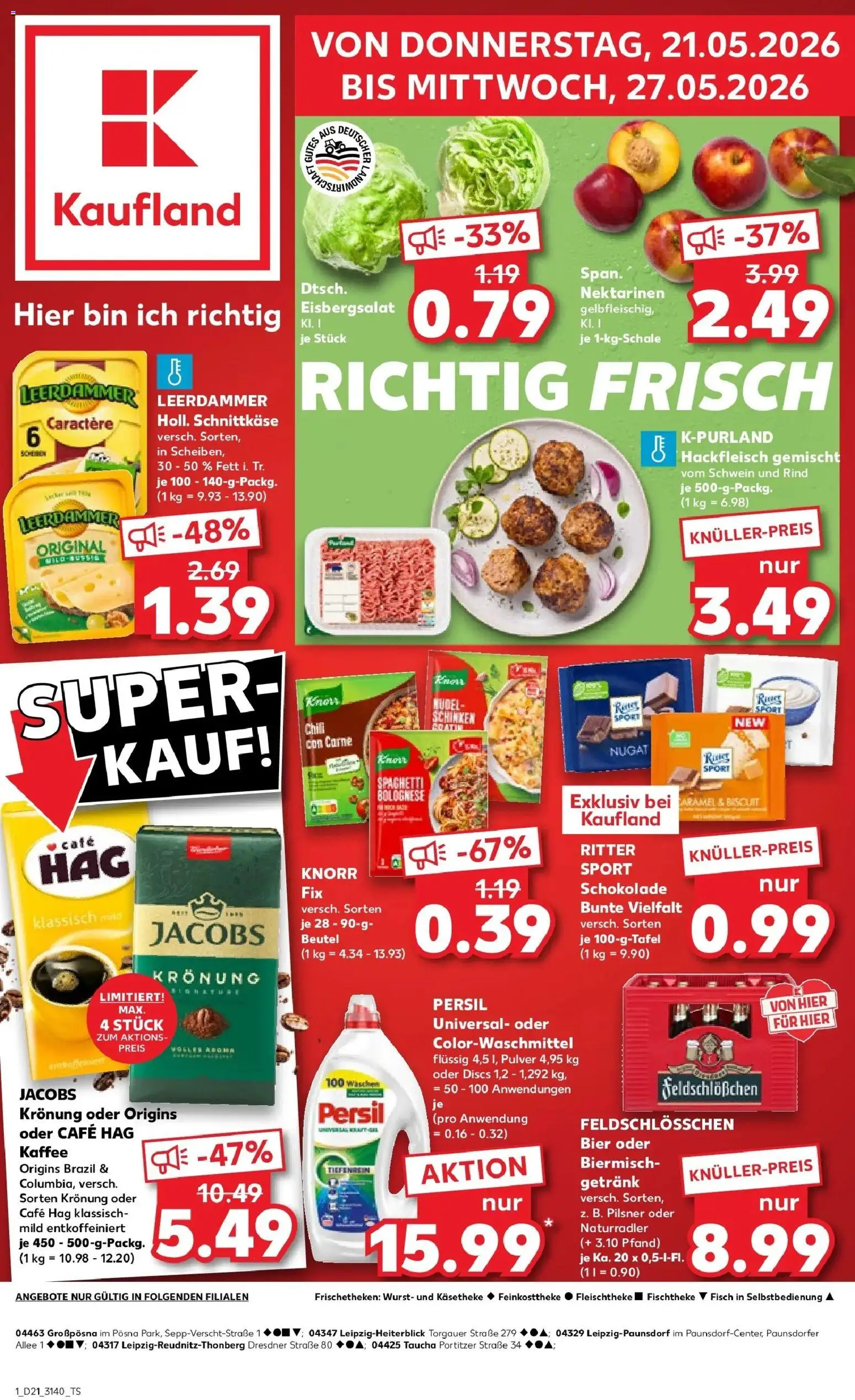 Kaufland Prospekt Taucha – gültig ab 21.05.2026 | Seite: 1 | Produkte: Knorr fix, Kaffee, Ritter sport, Hackfleisch