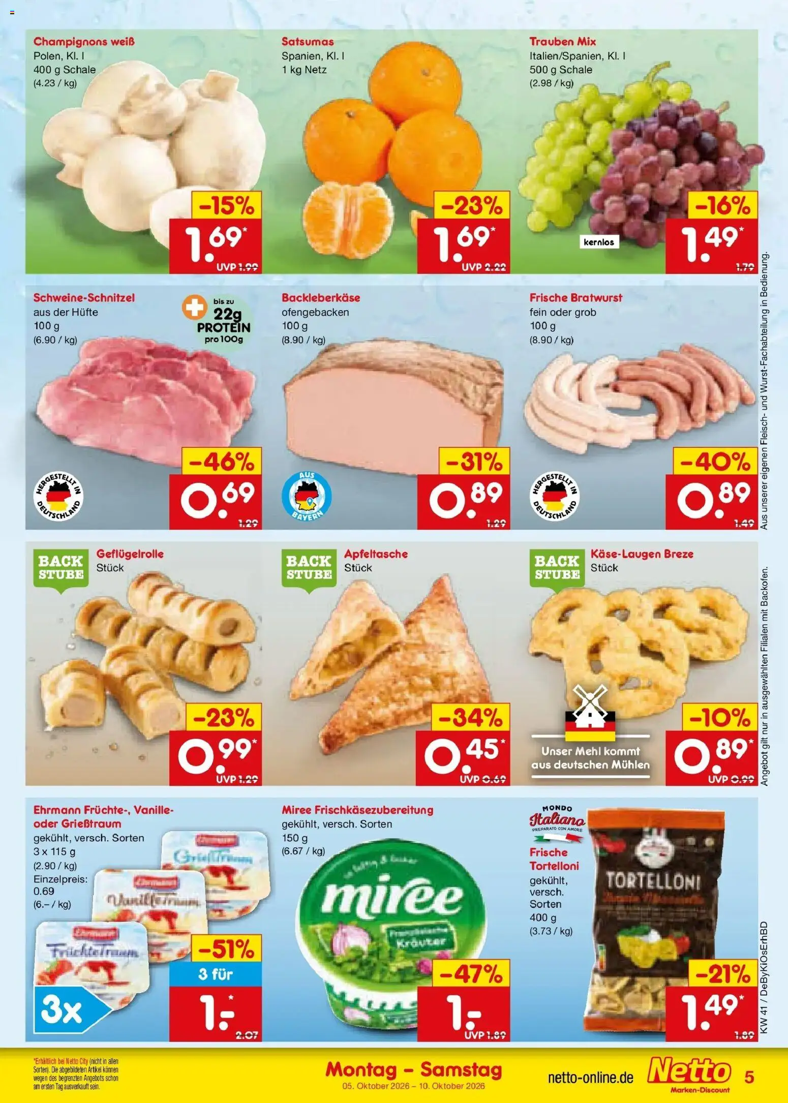 Netto Marken-Discount Prospekt Mistelbach – gültig ab 05.10.2026 | Seite: 5 | Produkte: Mehl, Bratwurst, Champignons, Fleisch